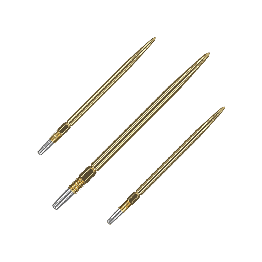 Puntas de dardos Target Swiss Point Gold Auf dem Bild sind drei goldene Dartspitzen zu sehen. Sie haben ein geriffeltes silbernes Endstück zur Befestigung.