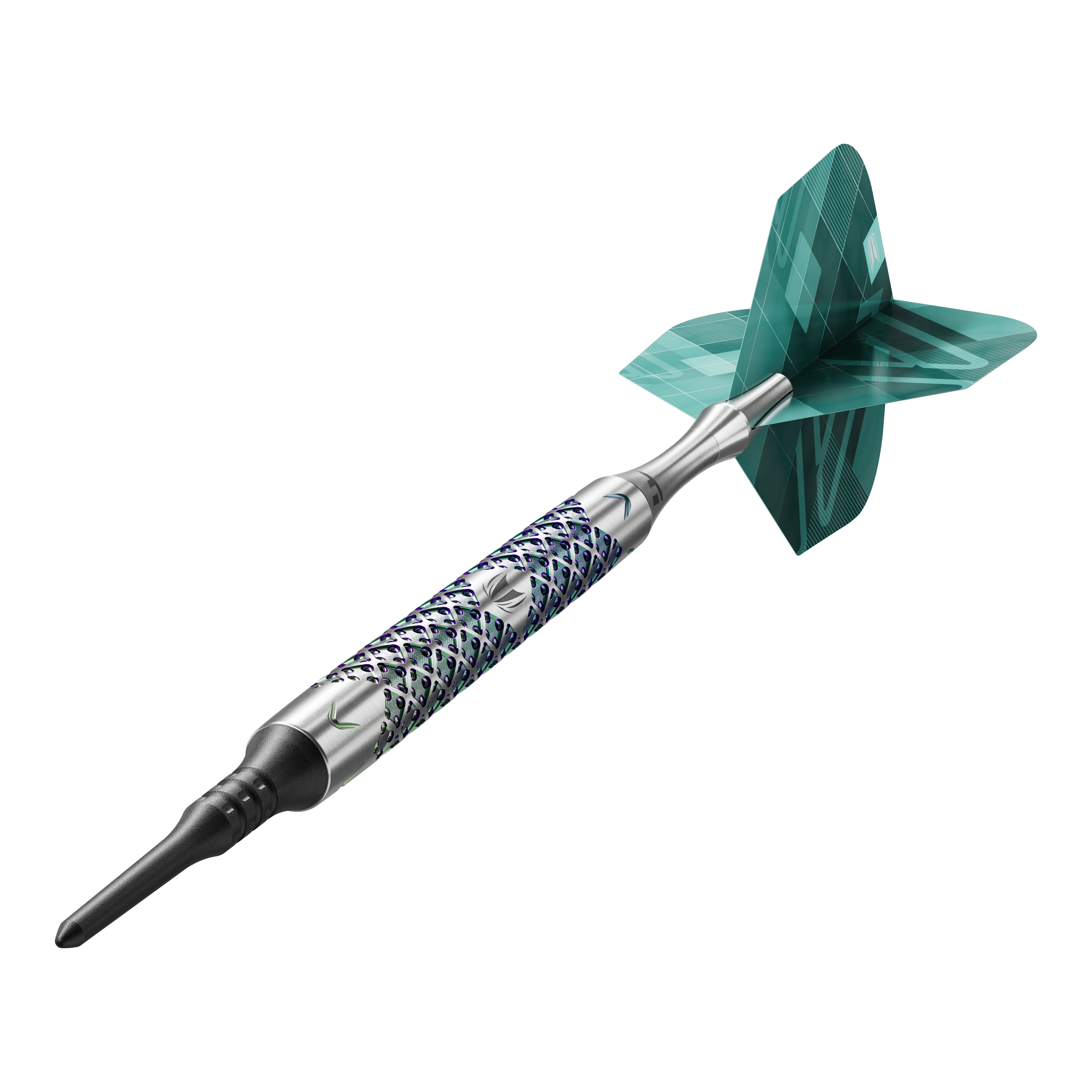 Dardos blandos Target Rove 10 Das Bild zeigt einen einzelnen Target Rove 10 Softdart. Der Dart hat ein silbernes, gemustertes Barrel und grüne Flights.