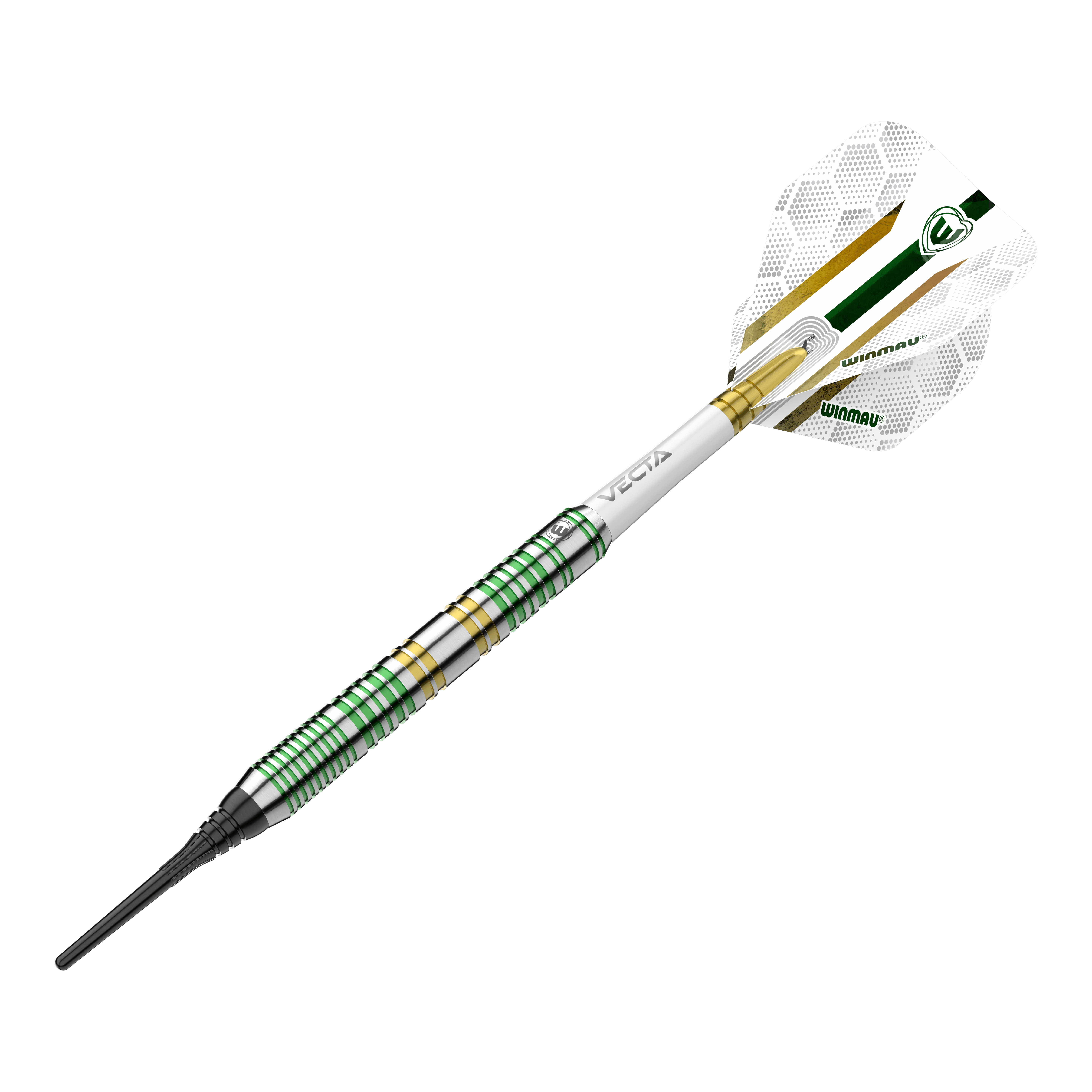 Dardos blandos Winmau Xenon - 20 g Das Bild zeigt den Winmau Xenon Softdart mit einem Gewicht von 20 Gramm. Der Dart hat grüne und goldene Akzente sowie einen weißen Flight mit Winmau-Logo.