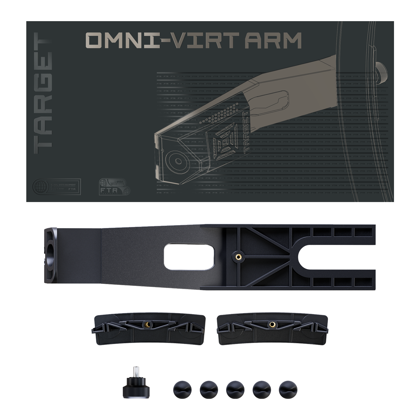 Dieses Bild präsentiert den Target OMNI VIRT Kamera Arm. Das Produkt ist ein spezieller Kamerahalter für Dartspieler.