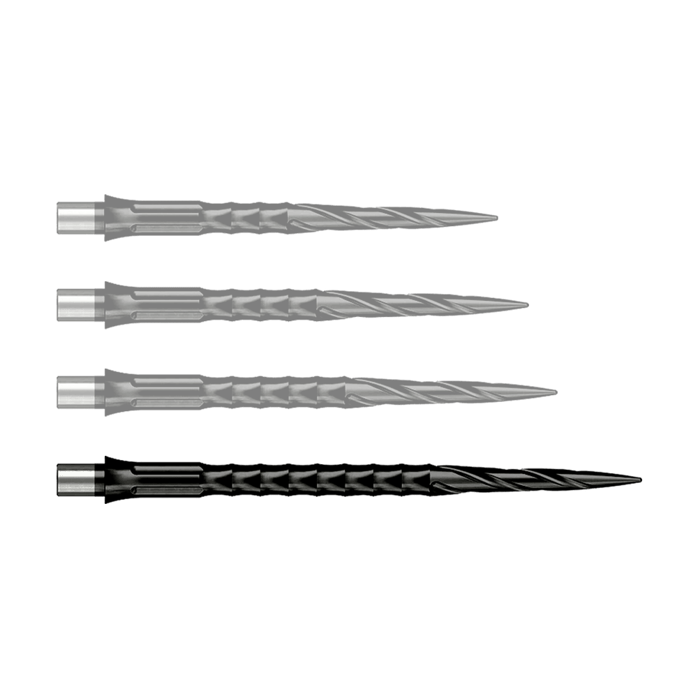 Puntas de dardos de acero Caliburn System - Spiro - Sin pestaña - Negras Zu sehen ist ein Produkt mit dem Dateinamen EVO033_Caliburn_Evo_System_Steeldartspitzen_Spiro_NoLip_Black_40mm_1. Wahrscheinlich handelt es sich um eine einzelne schwarze Steeldartspitze.