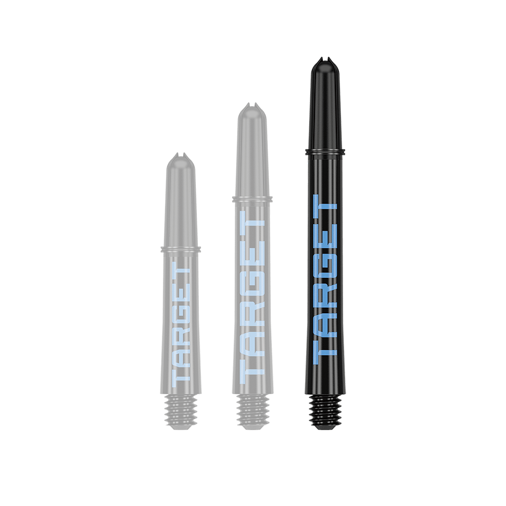 Varillas Target Pro Grip TAG - 3 juegos - Negro y azul Auf dem Bild sind drei schwarze Dart-Schäfte in verschiedenen Längen zu sehen. Auf jedem Schaft steht das Wort "TARGET" in blauer Schrift.