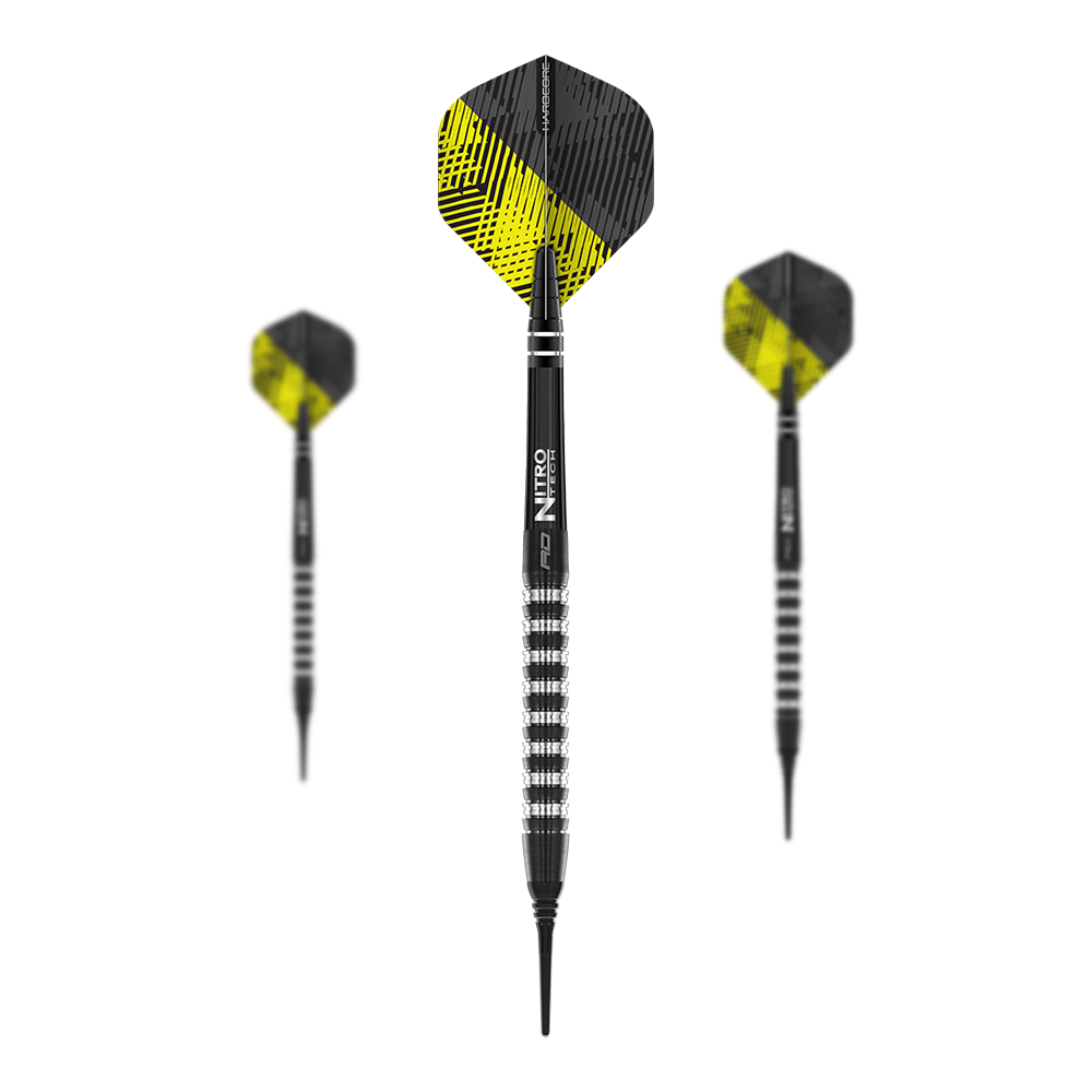 Dardos blandos Red Dragon Razor Edge Elite - 20 g Das Bild zeigt drei Red Dragon Razor Edge Elite Softdarts mit einem Gewicht von 20g. Die Darts haben schwarze und silberne Griffe sowie gelb-schwarze Flights.