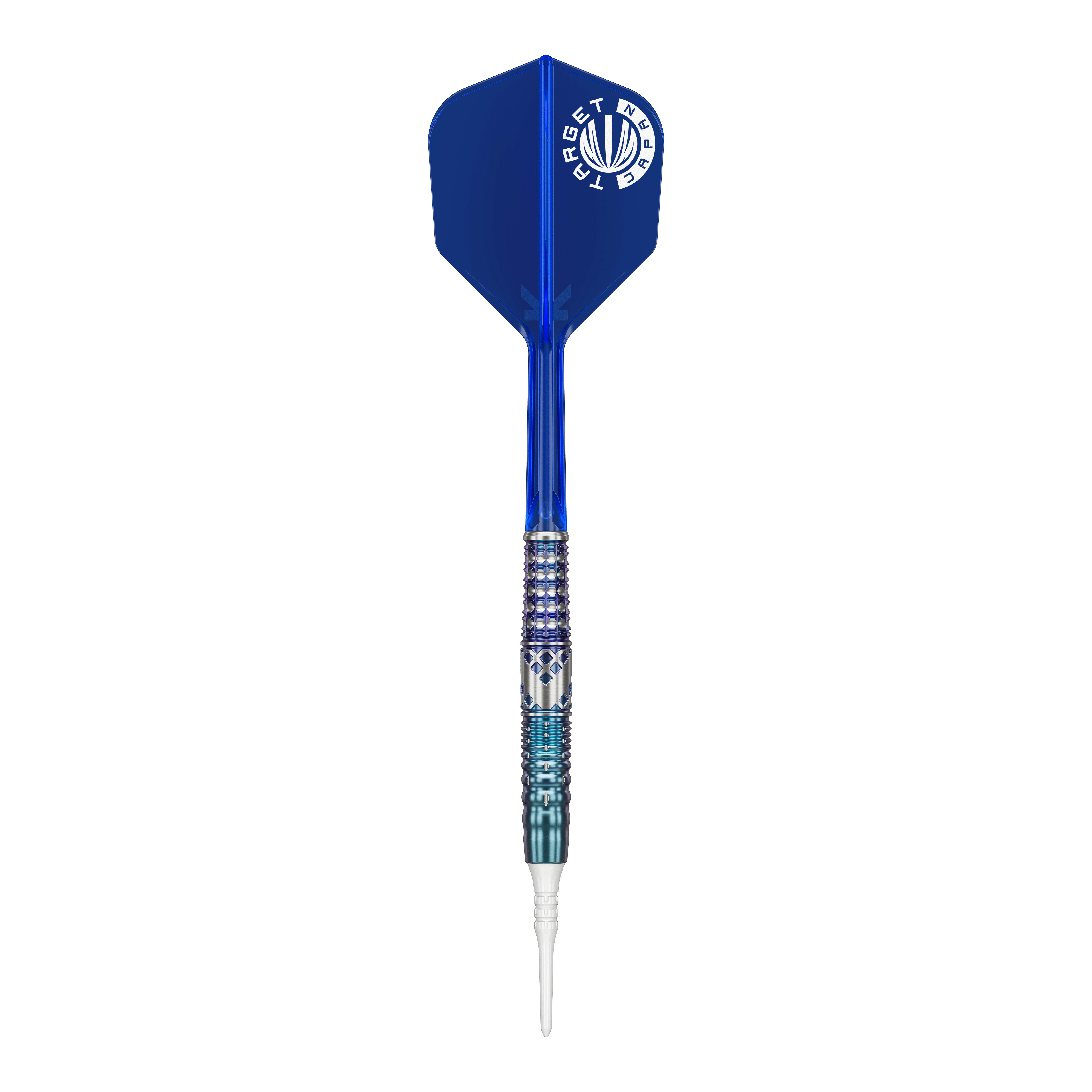 Das Bild zeigt einen Softdart mit einem blauen Flight und silber-blau gemustertem Griff. Es handelt sich um das Produkt "Target Japan Cathy Leung Charis GEN5 Softdarts - 19g".