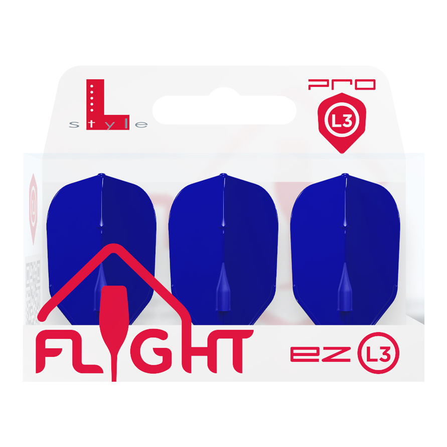 Vuelos L-L-Style3EZ Die Verpackung zeigt drei blaue Dart-Flights der Marke L-Style. Auf der Packung steht "FLIGHT ez L3" in roten Buchstaben.