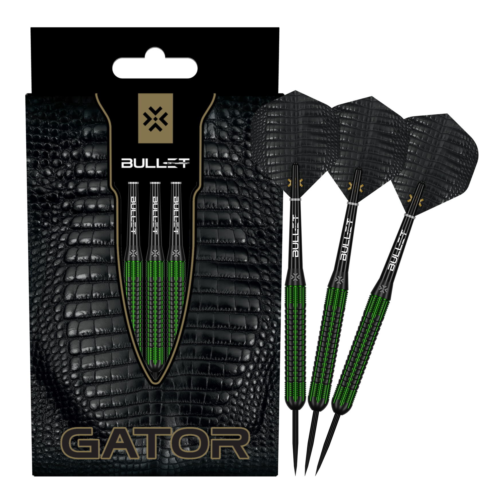Dardos de acero de latón Bullet Gator - 22 g Zu sehen sind die Bullet Gator Brass Steeldarts - 22g in voller Ansicht. Sie sind aus Messing gefertigt und wiegen 22 Gramm.