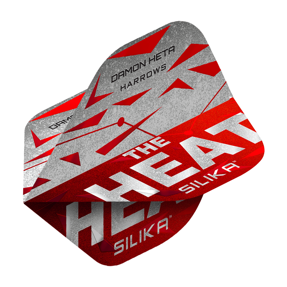 Plumas Silika Damon Heta Serie 3 de Harrow Das Bild zeigt die Harrows Silika Damon Heta Series 3 Flights. Die Flights sind überwiegend in Rot, Grau und Weiß gestaltet und tragen den Schriftzug "THE HEAT" sowie den Namen "DAMON HETA".