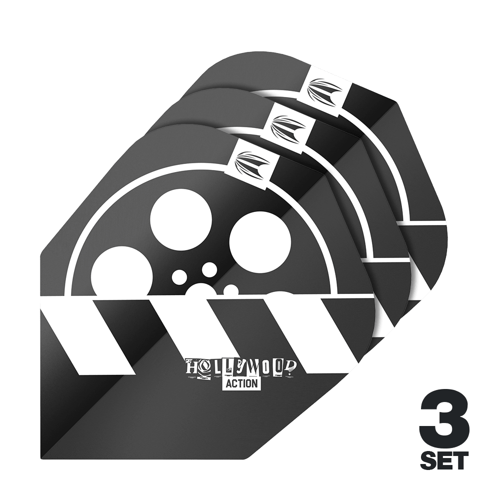Target Pro Ultra Chris Dobey Hollywood Action No6 Flights - 3 juegos Das Bild zeigt drei Sets der Target Pro Ultra Chris Dobey Hollywood Action No6 Flights. Die Flights haben ein schwarz-weißes Design mit einem Filmrollen- und Klappenmotiv sowie dem Schriftzug "Hollywood Action".