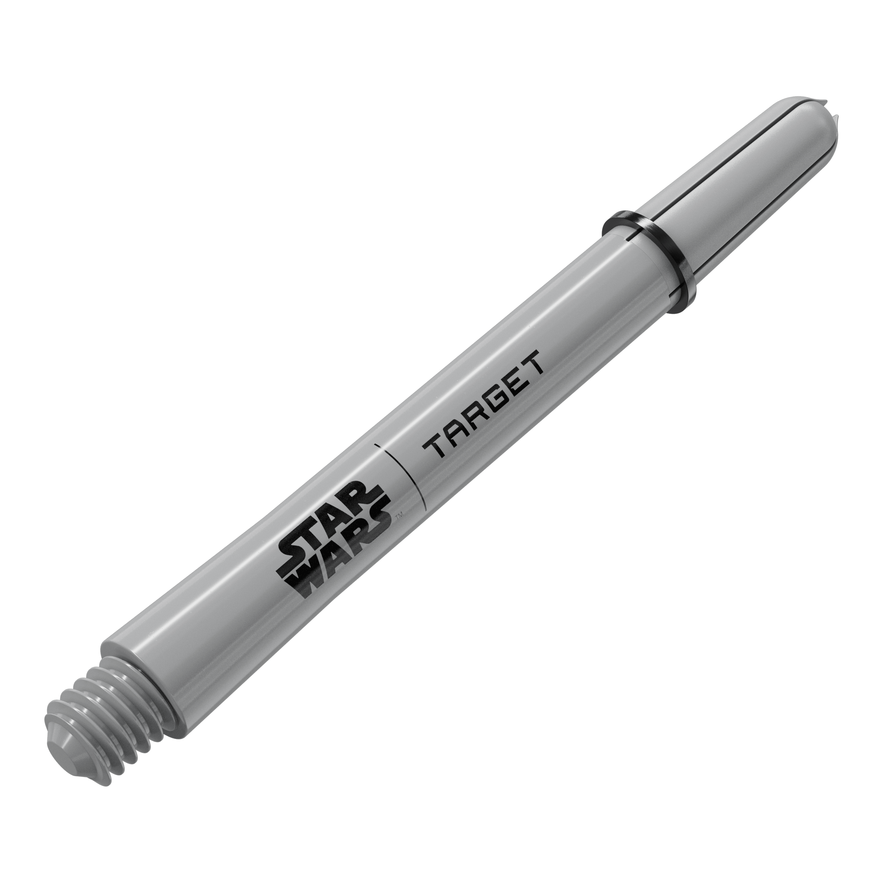 Varillas Target Star Wars ProGrip - Gris Das Bild zeigt ein Dart-Zubehör mit dem Dateinamen 380432_Target_StarWars_ProGrip_Shafts_Grau_Medium_48mm_2. Es handelt sich vermutlich um einen weiteren grauen Medium ProGrip Shaft von Star Wars mit 48mm Länge.