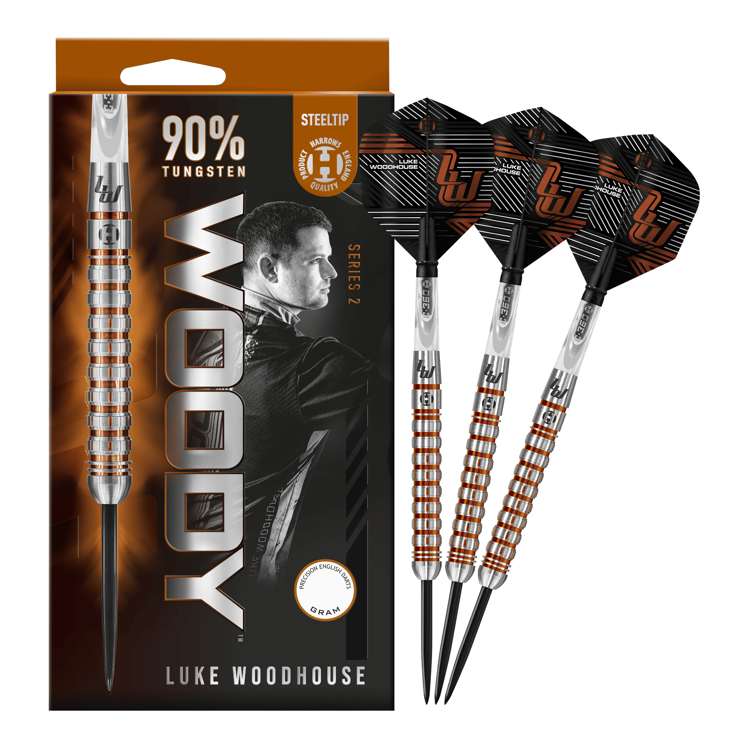 Dardos de acero Luke Woodhouse Serie 2 de Harrow Auf dem Bild sind die Harrows Luke Woodhouse Series 2 Steeldarts zu sehen. Die Verpackung zeigt das Dart-Design sowie ein Porträt von Luke Woodhouse und die Aufschrift "90% Tungsten".