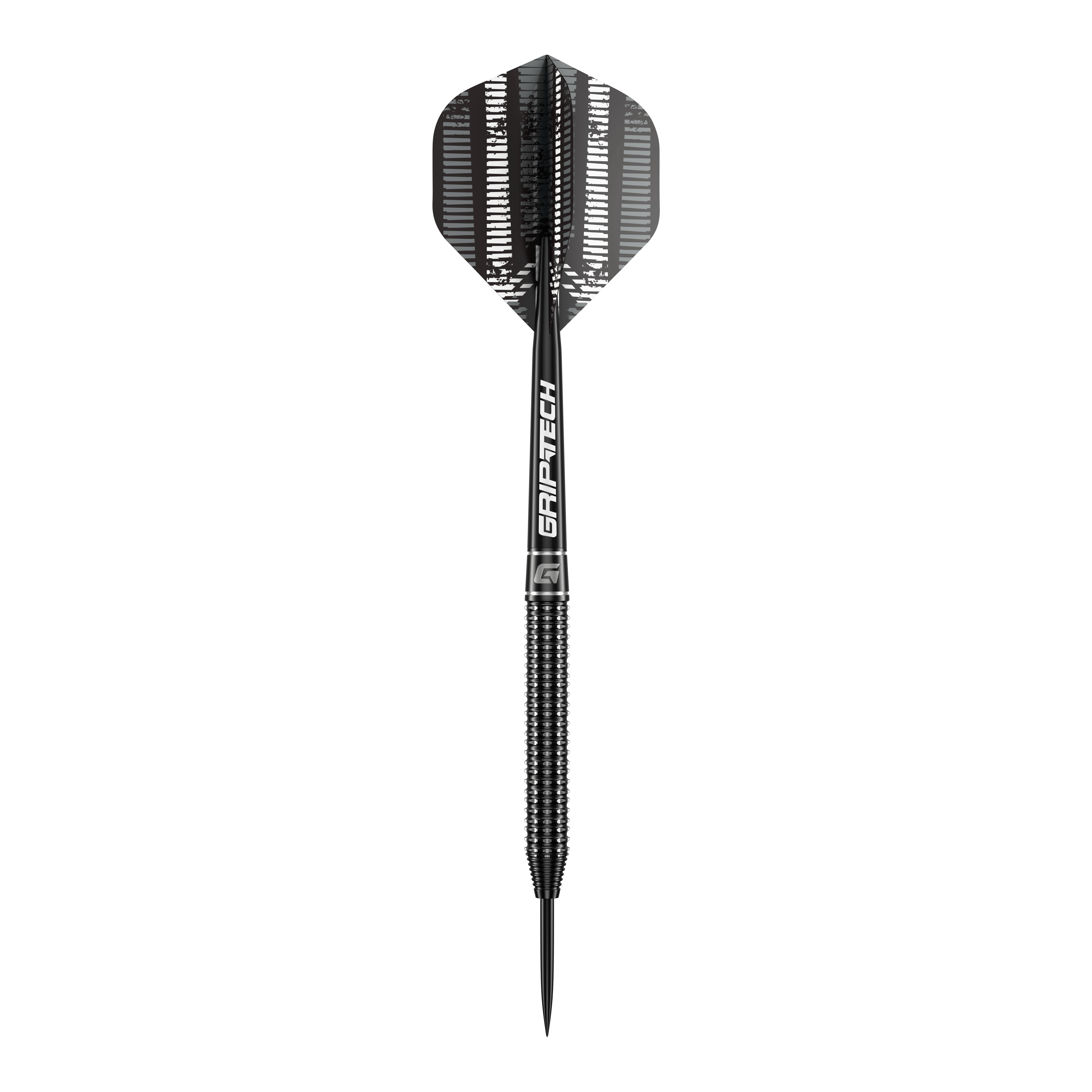 Dardos de acero de tungsteno GOAT Sprocket Das Bild zeigt einen einzelnen GOAT Sprocket Tungsten Steeldart. Der Dart hat ein modernes, schwarzes Design mit dem Schriftzug "GRIPTECH" auf dem Schaft.