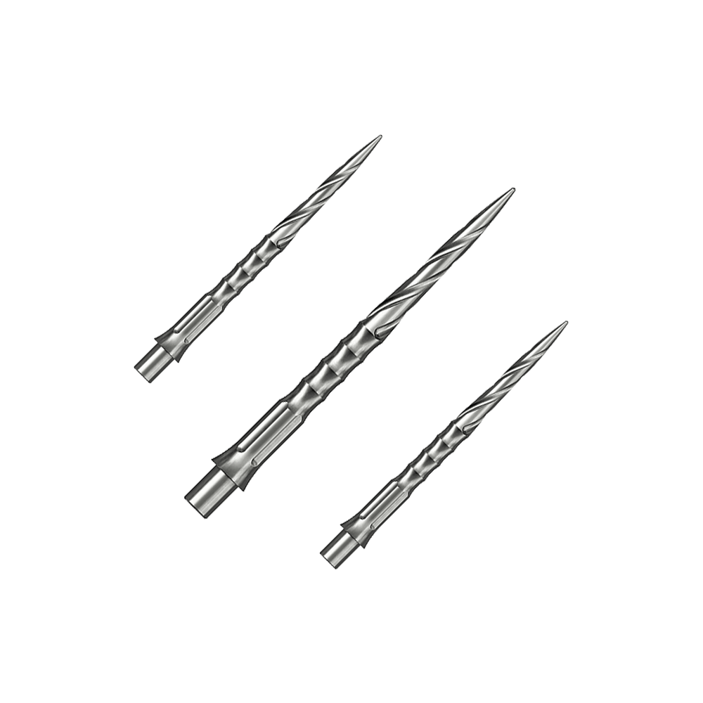 Puntas de dardo de acero Caliburn System - Spiro - NoLip - plateadas Ein Set silberner Steeldartspitzen ist auf dem Bild zu sehen. Die Spitzen sind im Spiro NoLip Stil und 30 mm lang.