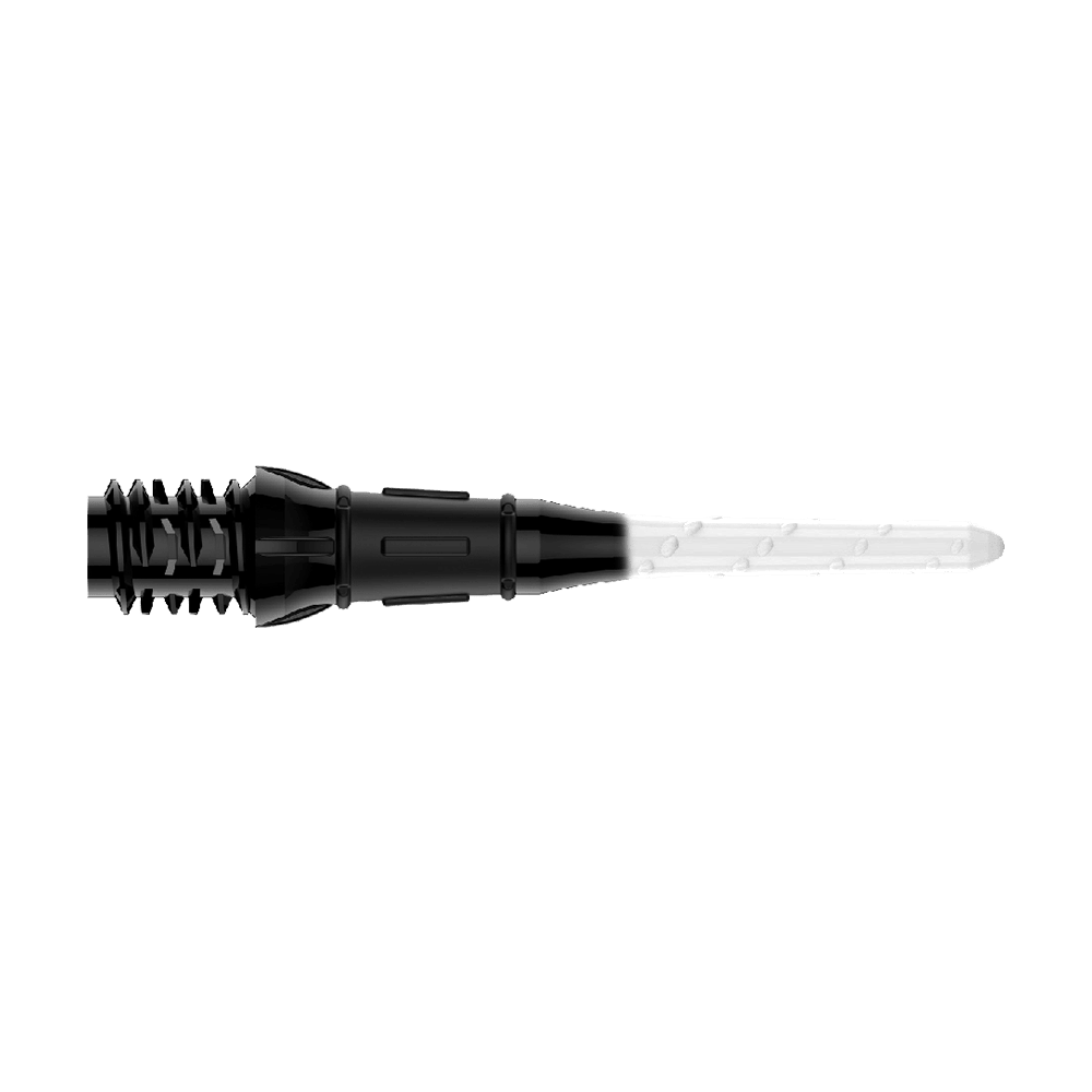 Labios de punta bicolor premium estilo L (paquete de 30) Das Bild zeigt eine schwarze und weiße Dartspitze mit einem zweifarbigen Design. Die linke Seite ist schwarz und die rechte Seite ist weiß.