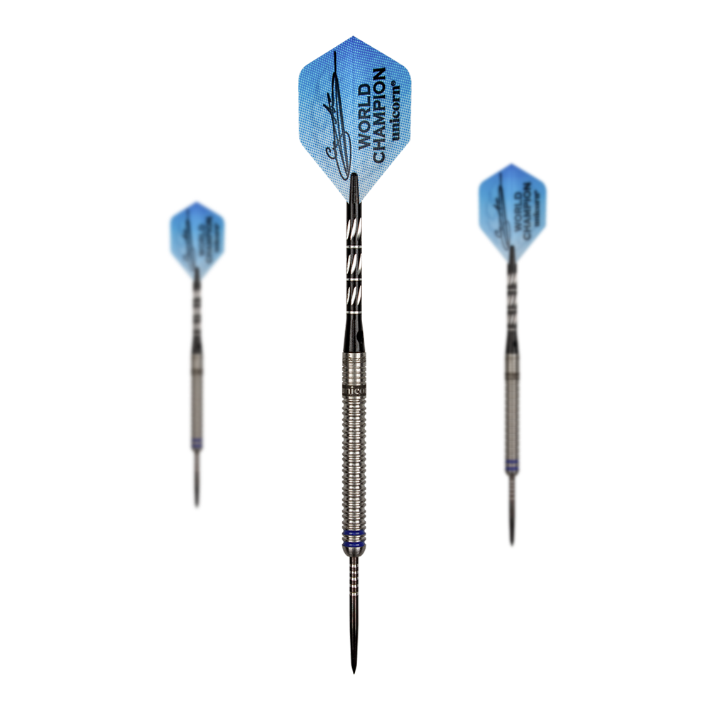 Campeón mundial Unicorn Gary Anderson Phase 3 Steeldarts Auf dem Bild sind drei Steeldarts des Produkts "Unicorn World Champion Gary Anderson Phase 3" zu sehen. Die Flights der Darts sind blau und mit einer Unterschrift sowie der Aufschrift "WORLD CHAMPION unicorn" bedruckt.