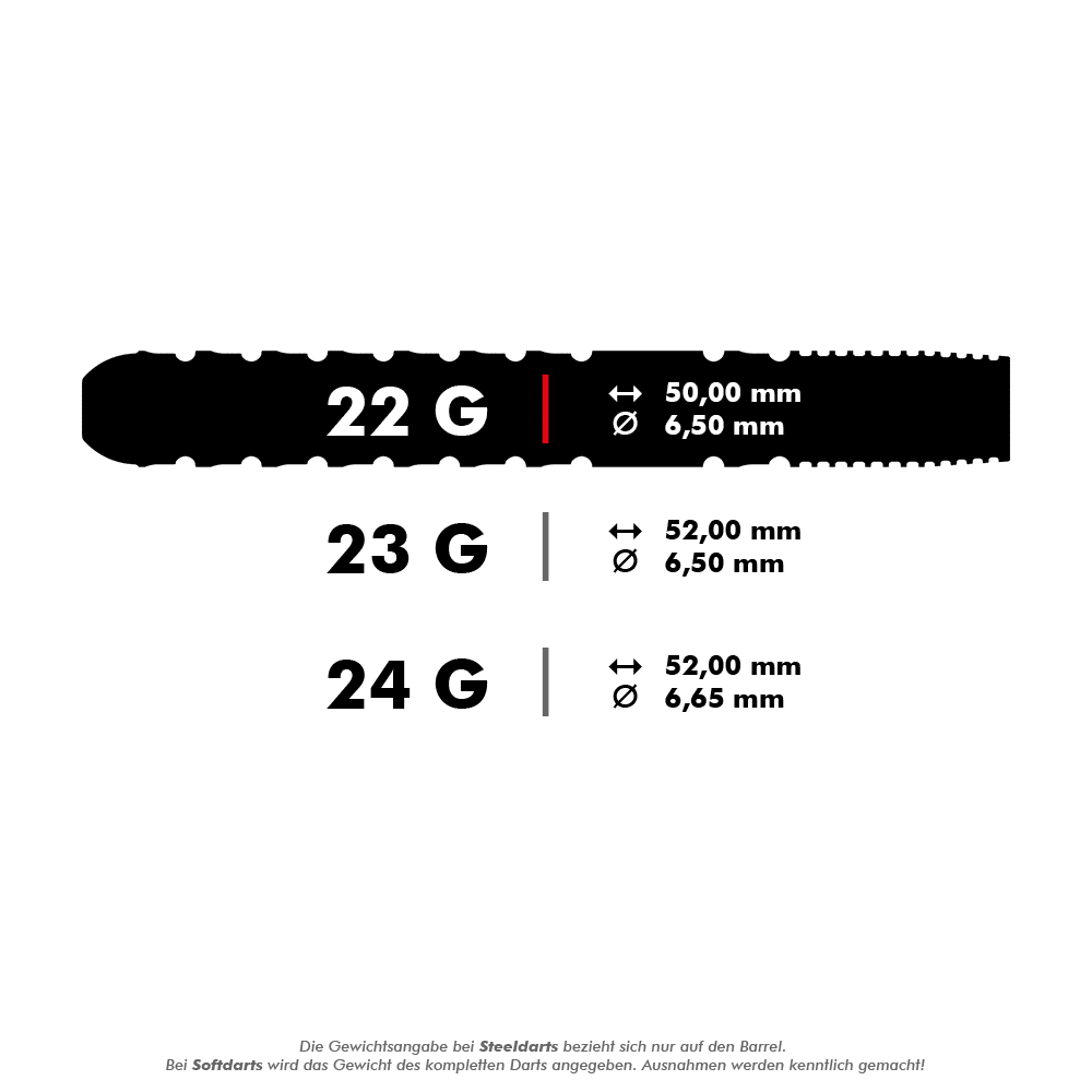 Dardos de acero Target Luke Littler GEN1 Swiss Point Das Bild zeigt die Spezifikationen für drei verschiedene Dartgewichte: 22 g, 23 g und 24 g. Es werden jeweils die Länge und der Durchmesser der Darts in Millimetern angegeben.