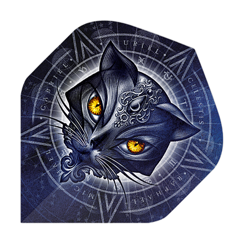 Vuelos estándar Alchemy Star Of Ailouros No2 Das Bild zeigt einen stilisierten Katzenkopf mit leuchtend gelben Augen vor einem mystischen, blauen Hintergrund. Im Hintergrund sind verschiedene Symbole und Schriftzüge in einem kreisförmigen Muster angeordnet.