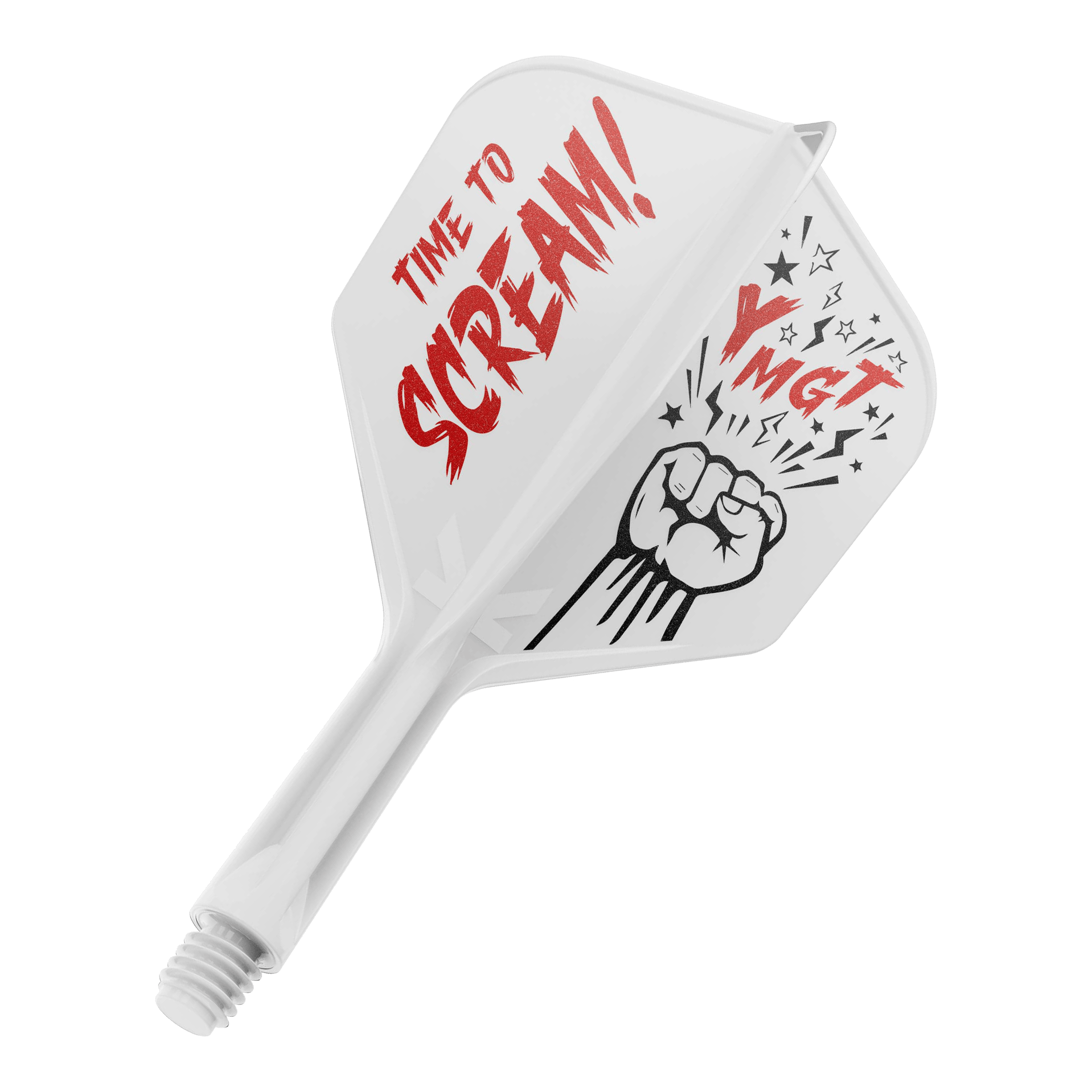 Sistema de eje de vuelo Target Japan K-Flex Scream No6 Das Bild zeigt eine Dartflügel- und Schaftkombination in Weiß mit roter und schwarzer Beschriftung. Auf dem Flügel steht "TIME TO SCREAM!" zusammen mit einer gezeichneten Faust und einigen Sternen.