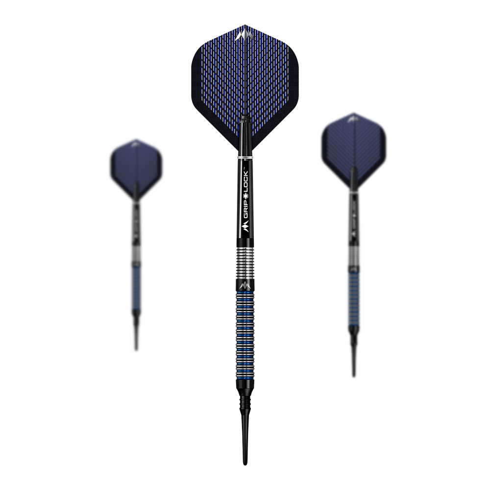dardos blandos Mission Nightfall Modelo 1 Das Bild zeigt drei Softdarts des Modells "Mission Nightfall Model 1". Die Darts haben schwarze Spitzen, blaue Flügel und einen silber-blau gestreiften Griff.