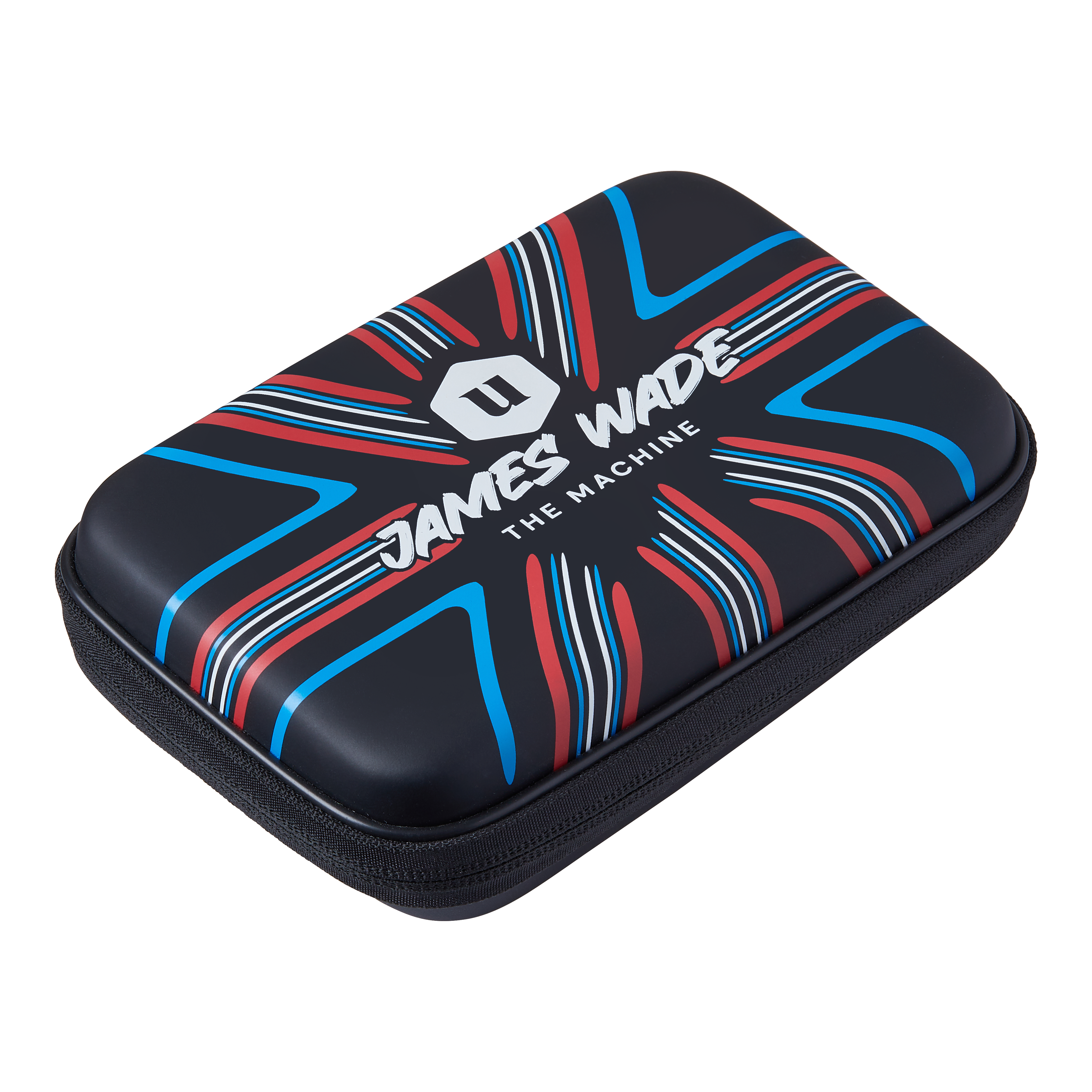 Cartera de dardos Unicorn Ultra James Wade Das Bild zeigt ein Dartwallet mit dem Aufdruck "James Wade The Machine". Das Etui ist schwarz mit roten, blauen und weißen Designelementen.