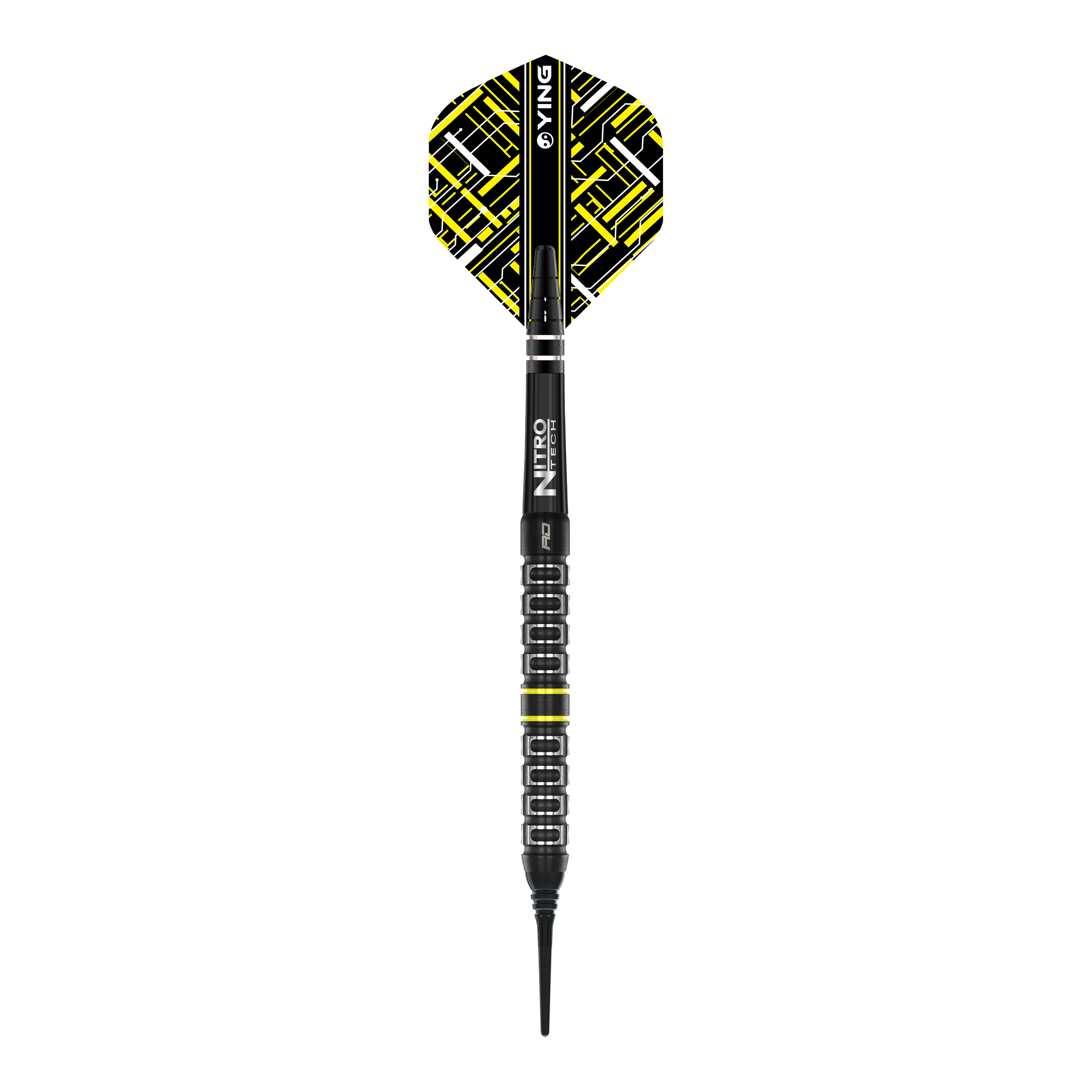 Dardos blandos paralelos Red Dragon Astraeus Q4X - 20 g Das Bild zeigt einen Red Dragon Astraeus Q4X Parallel Softdart mit einem Gewicht von 20g. Der Dart hat schwarze und gelbe Designelemente und eine strukturierte Griffzone.
