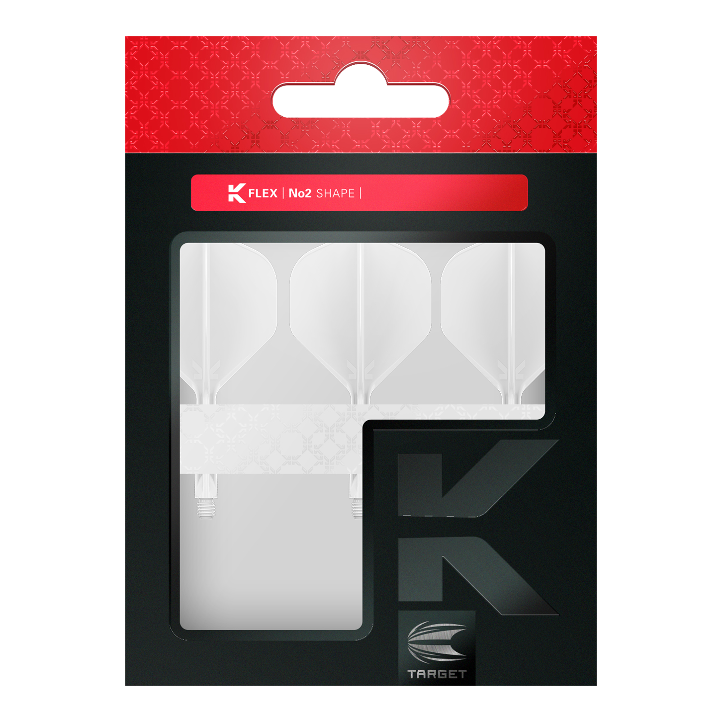 Sistema de vuelo estándar Target K-Flex No2 - Blanco Das Bild zeigt eine Packung mit drei weißen Dart Flights der Marke Target. Die Verpackung ist schwarz mit einem roten oberen Teil und dem Aufdruck "K FLEX | No2 SHAPE".