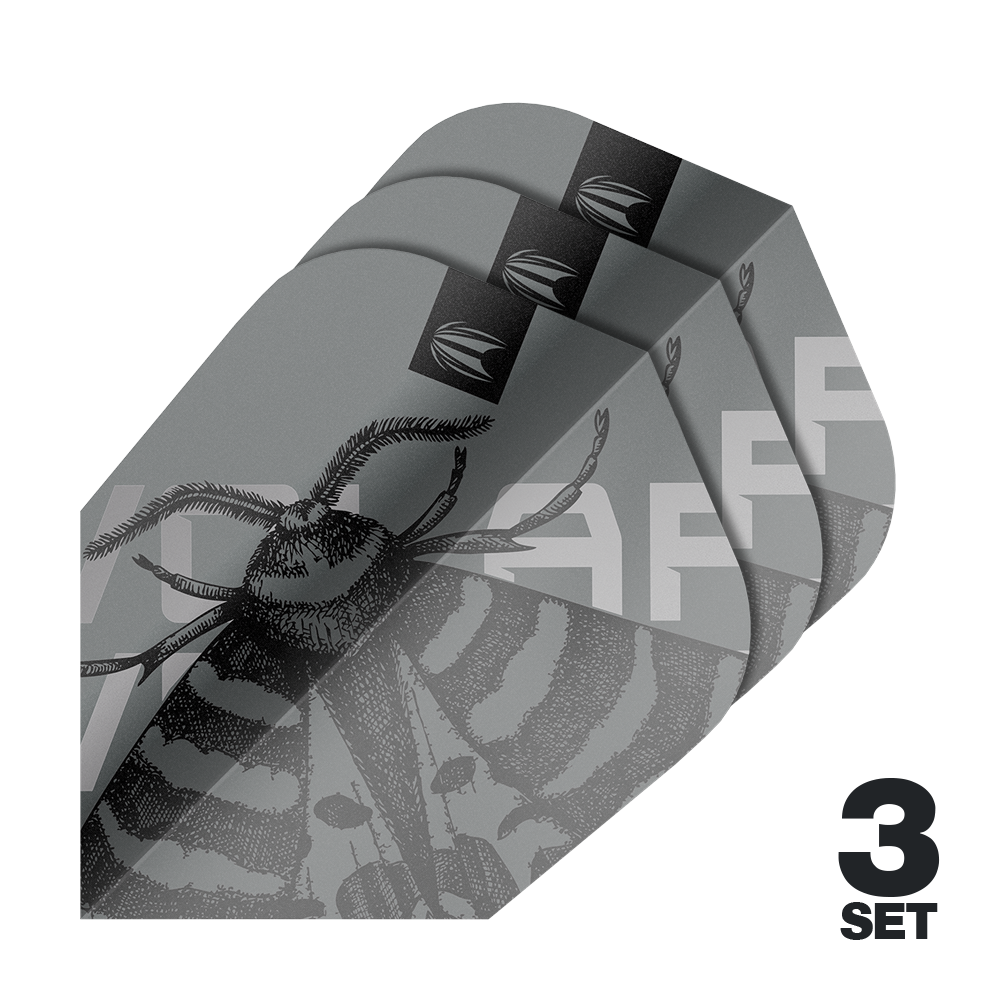 Plumas Target Pro Ultra Volar Ten-X - 3 juegos Das Bild zeigt drei Sätze Target Pro Ultra Volar Ten-X Flights in grau mit einem stilisierten Insekten-Design. In der Ecke steht "3 Set" in schwarzer Schrift.