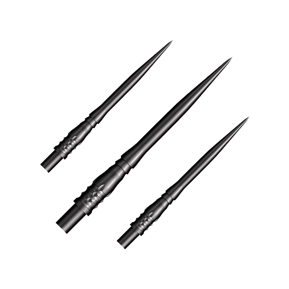 Puntas de dardos Shot Cone Rocket de acero - Negras - 35 mm Das Bild zeigt drei schwarze Steeldart-Spitzen des Modells "Shot Cone Rocket" mit einer Länge von 35 mm. Die Spitzen sind schlank, spitz zulaufend und haben ein filigranes Design.