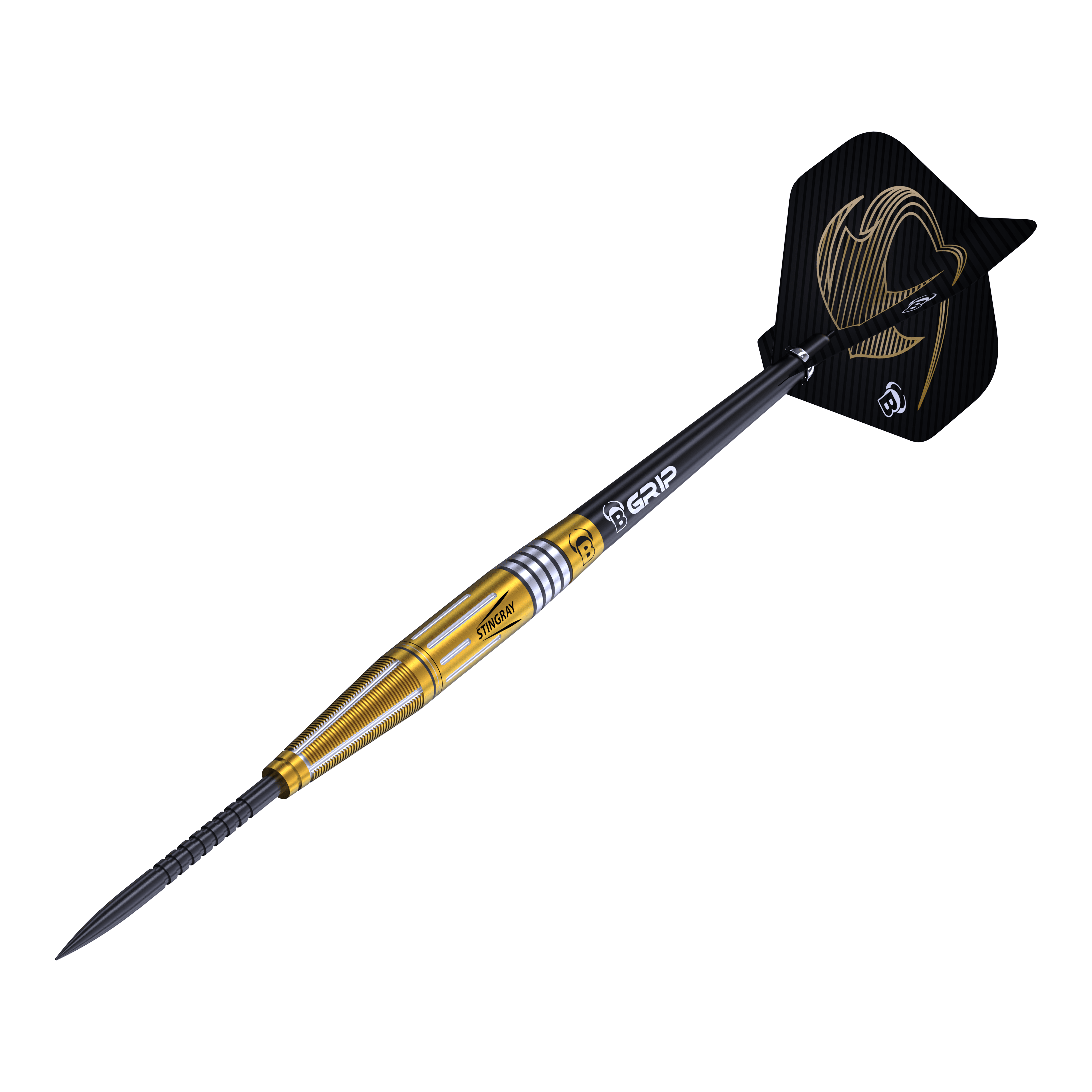 Dardos de acero Bulls Stingray ST4 Das Bild zeigt einen Bulls Stingray ST4 Steeldart. Der Dart hat ein goldfarbenes Barrel und schwarze Flights mit einem auffälligen Design.
