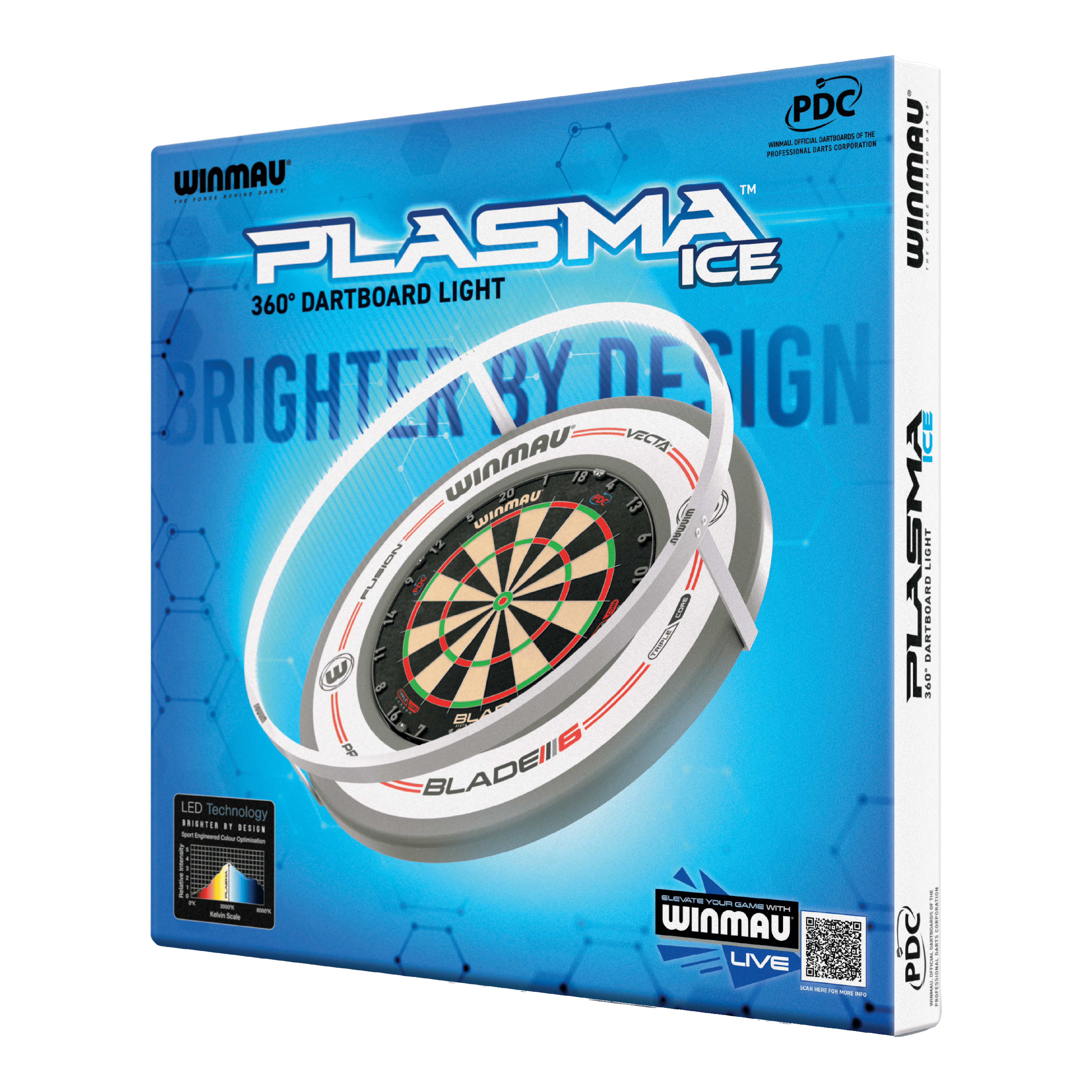 Luz LED para diana Winmau Plasma Ice Die Abbildung zeigt die Verpackung des "Winmau Plasma Ice LED Dartboard Light". Das Produkt bietet eine 360° Beleuchtung für Dartboards.