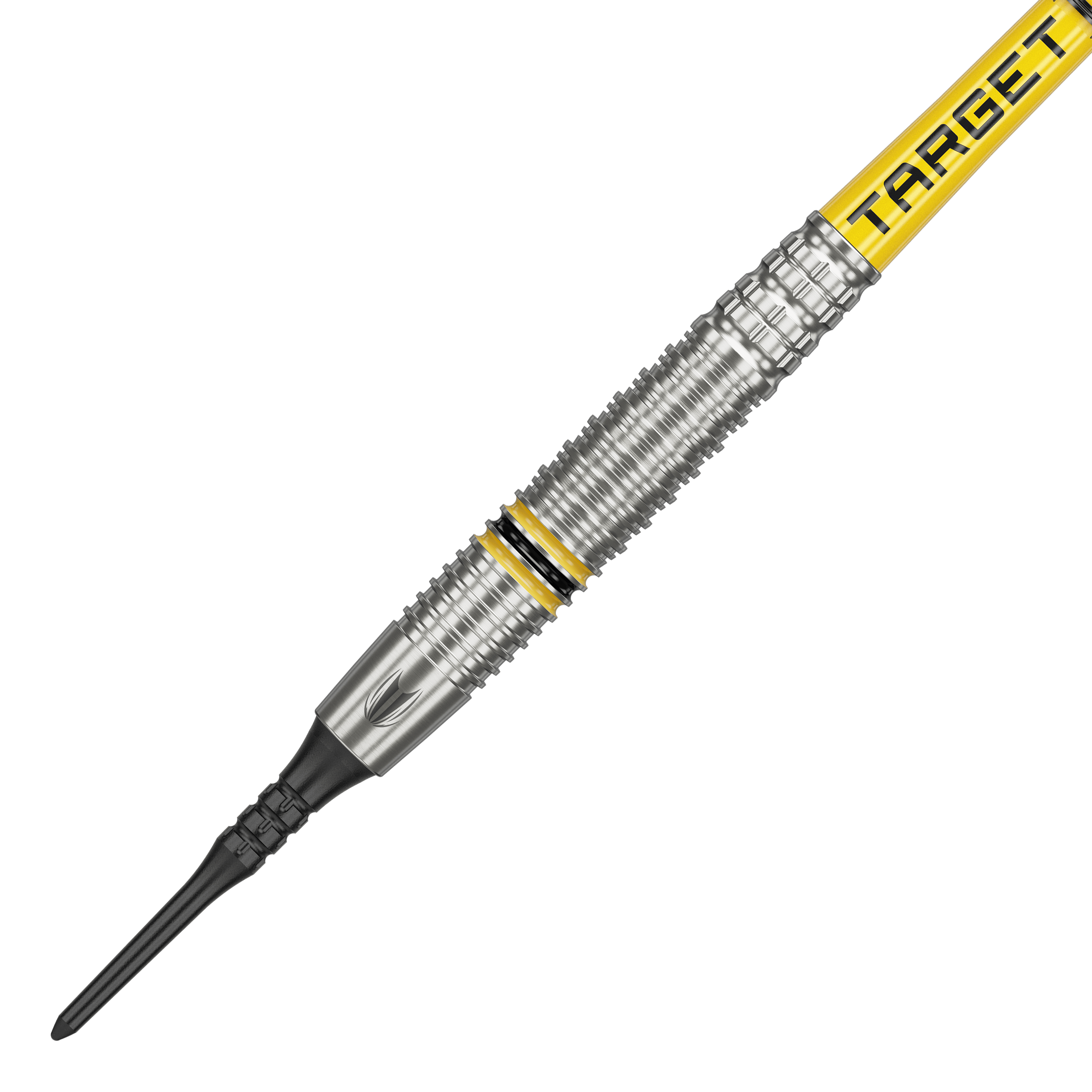 Dardos blandos Target Scott Williams GEN2 - 18 g Das Bild zeigt einen Target Scott Williams GEN2 Softdart mit einem Gewicht von 18 Gramm. Der Dart hat silberne Rillen und gelbe Akzente sowie die Aufschrift "TARGET" auf dem Schaft.