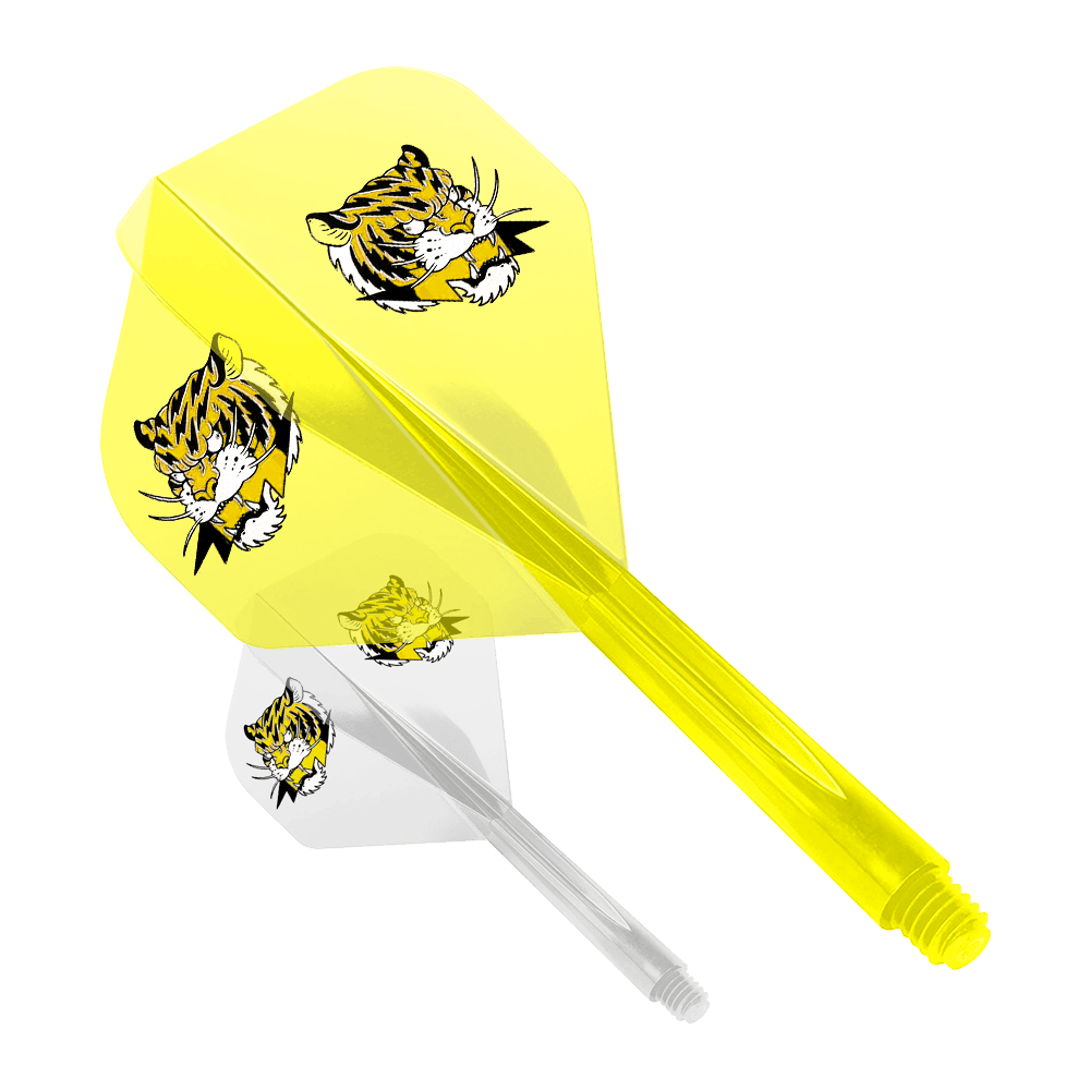 Sistema de vuelo Condor AX Inazuma Tiger Mix Amarillo Claro - Estándar Das Bild zeigt zwei Dart-Flights des Modells "Condor AXE Inazuma Tiger Mix Flight-System" in Gelb und Transparent. Beide Flights sind mit einem Tigerkopf-Motiv bedruckt.
