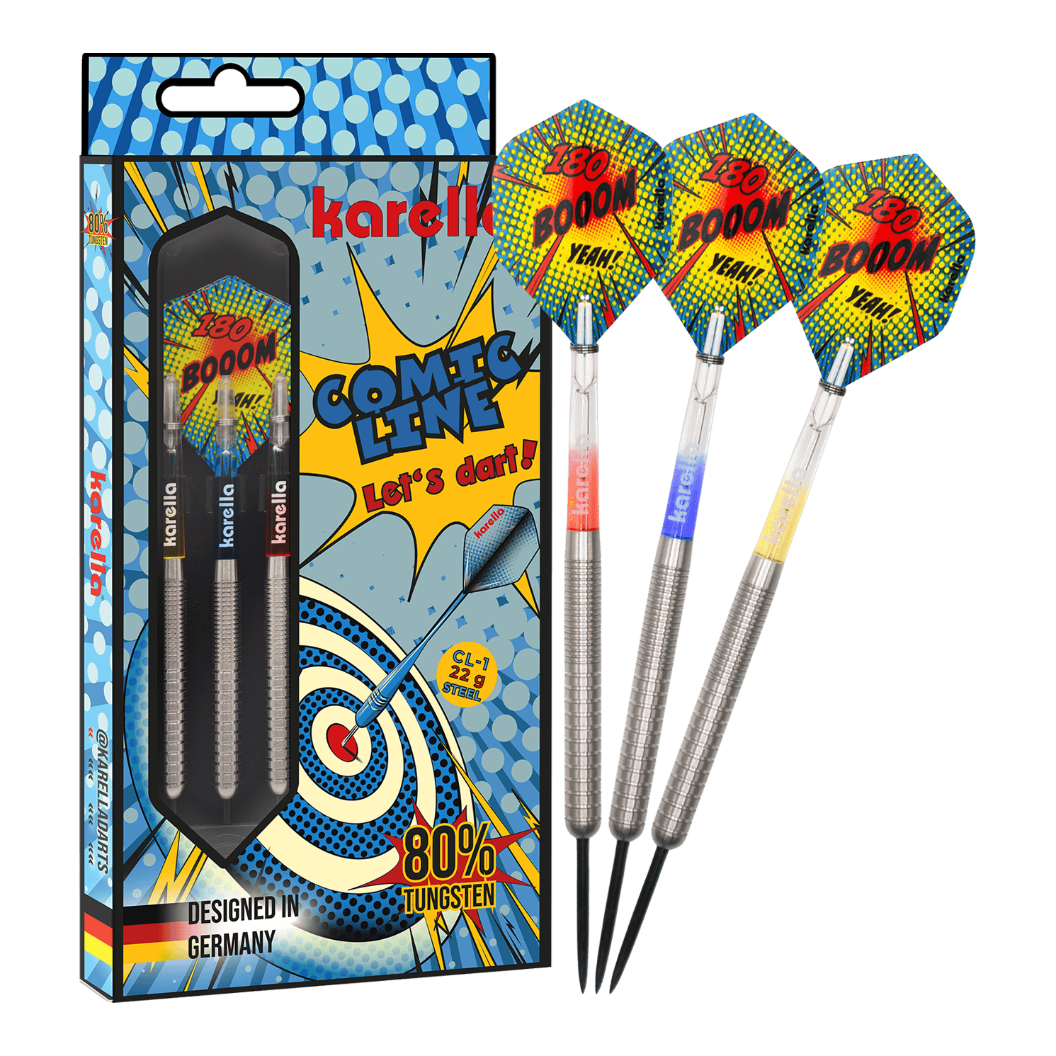 Das Bild zeigt den Karella Comic Line CL-1 Steeldarts - 22g. Es veranschaulicht die vollständige Ansicht des Steeldartpfeils.