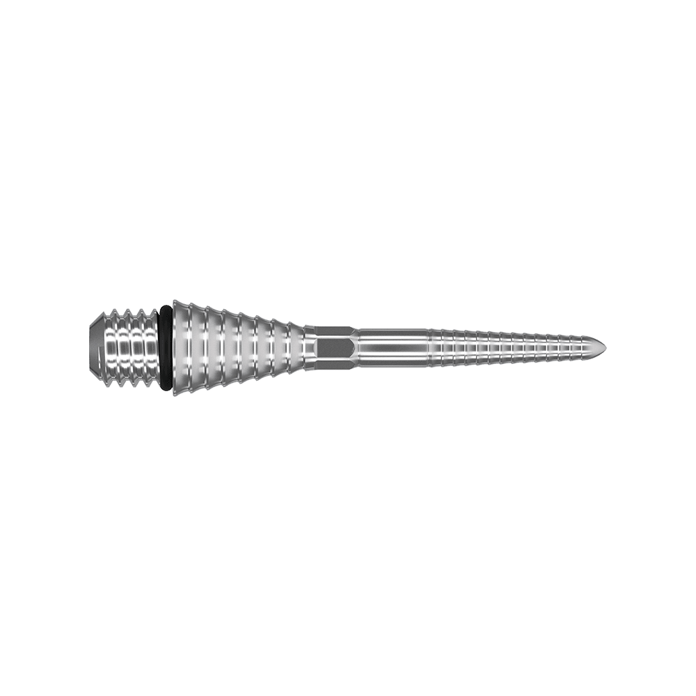 380180_Target_Titanium_Swiss_Point_Grooved_Conversion_Points_Silber_26mm_2 Auf dem Bild ist eine silberne, gerillte Dartspitze aus Metall zu sehen. Sie hat eine konische Form mit feinen Rillen und einem Sechskant am Ende.