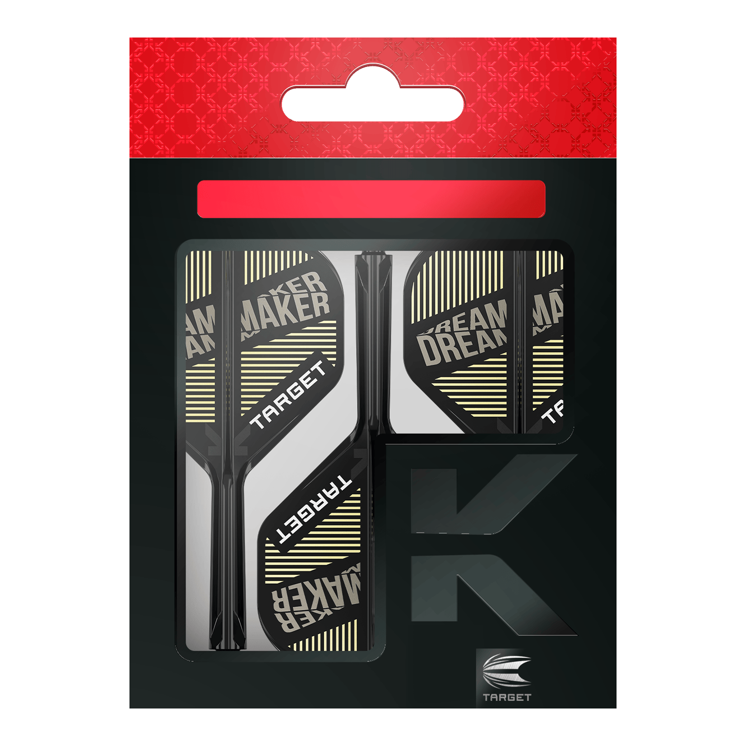 Das Bild zeigt eine Verpackung mit Dart-Flights und Schäften der Marke Target. Auf den Flights steht der Text "DREAM MAKER".