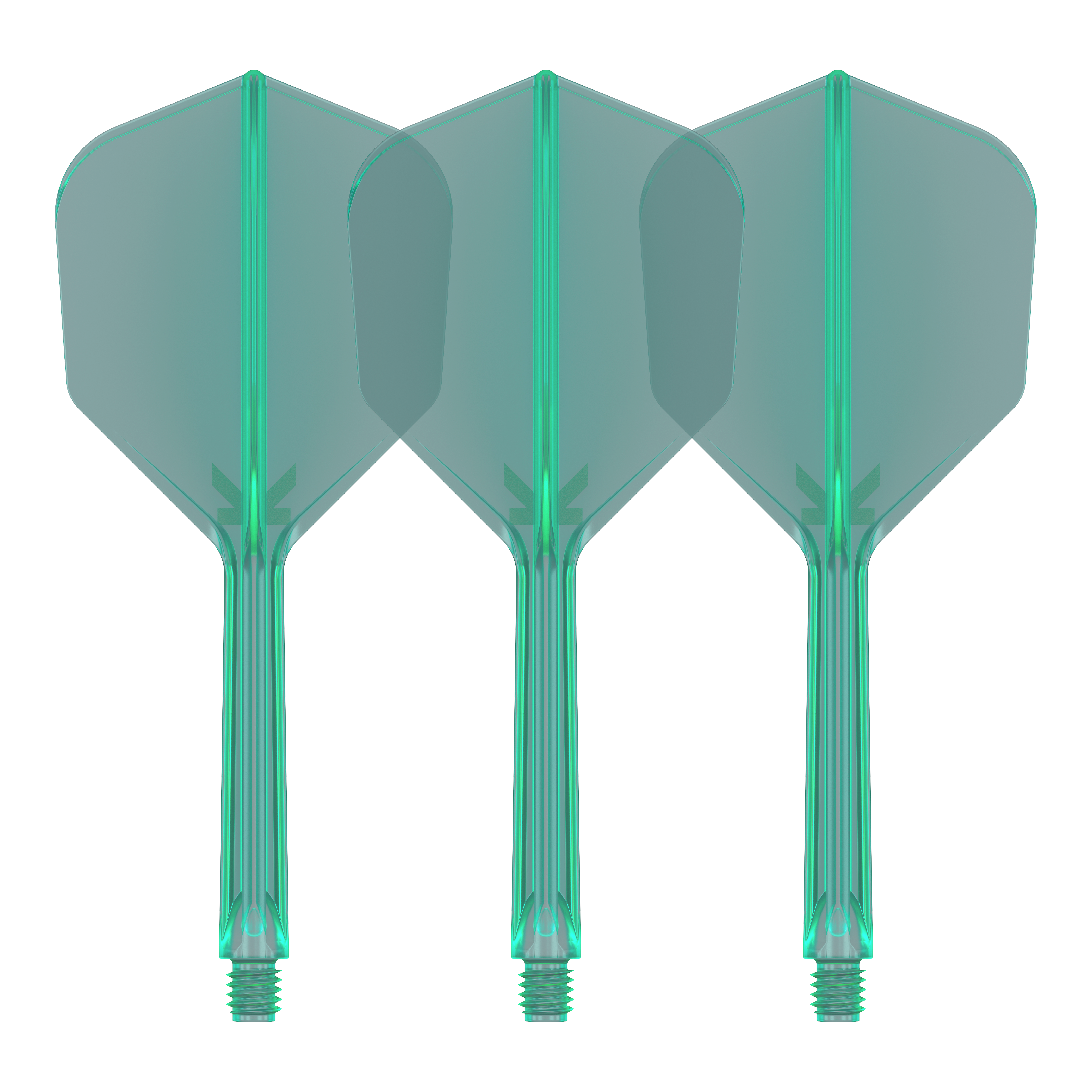 Sistema de vuelo Target K-Flex No6 - Verde Das Bild zeigt drei grüne Dart-Flights mit integrierten Schäften. Sie sind nebeneinander auf weißem Hintergrund angeordnet.
