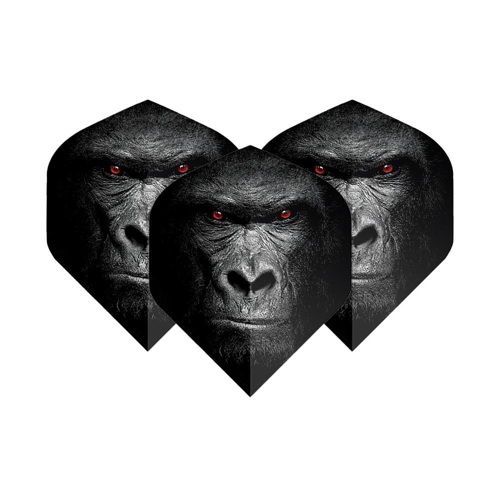 Vuelos de pentatlón Gorila Das Bild zeigt drei Dart-Flights mit dem Gesicht eines Gorillas und leuchtend roten Augen. Die Flights sind das Produkt "Pentathlon Gorilla No2 Standard Flights".