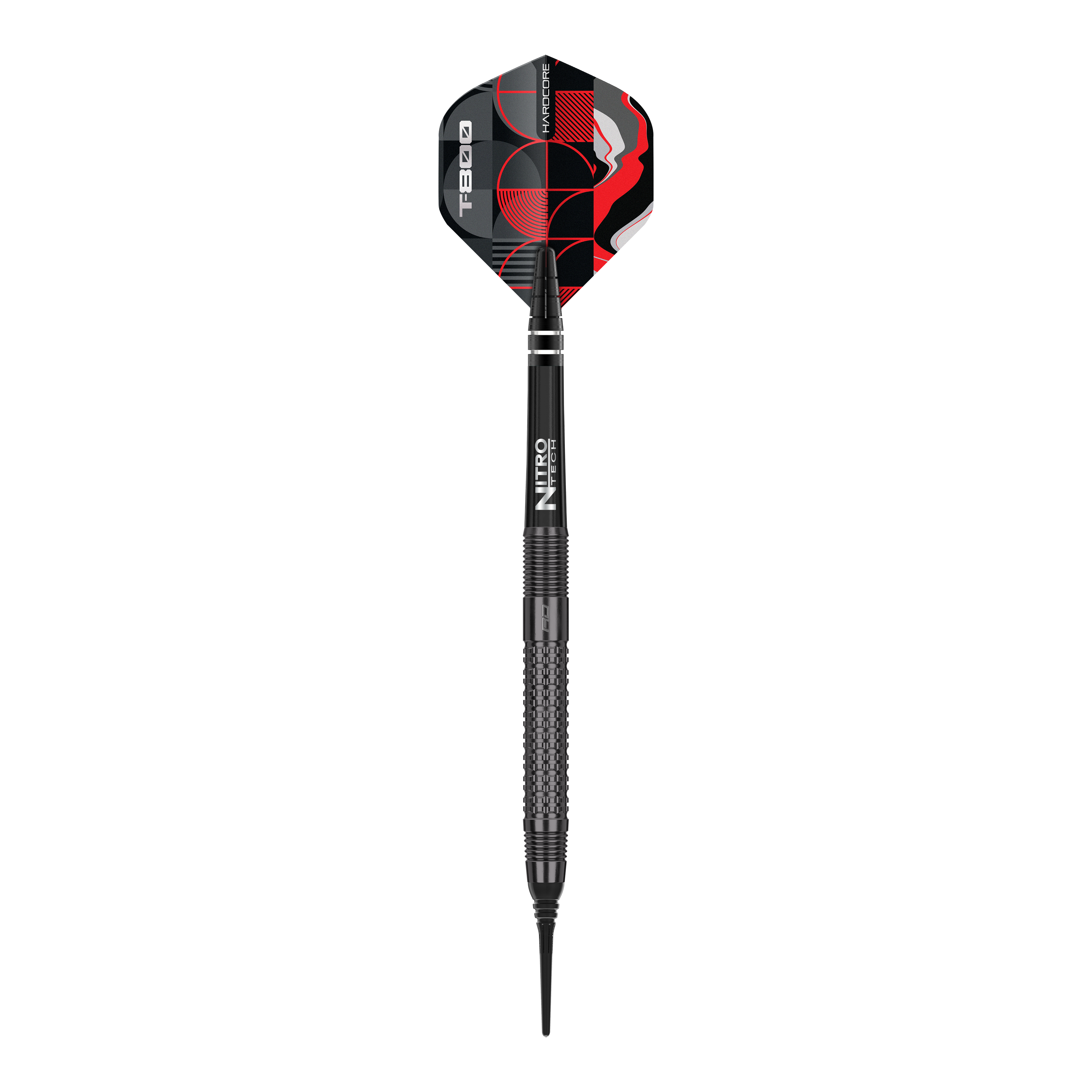 Dardos blandos Red Dragon T-800 - 20 g Das Bild zeigt einen Red Dragon T-800 Softdart mit einem Gewicht von 20g. Der Dart ist schwarz mit roten und weißen Designelementen auf dem Flight.