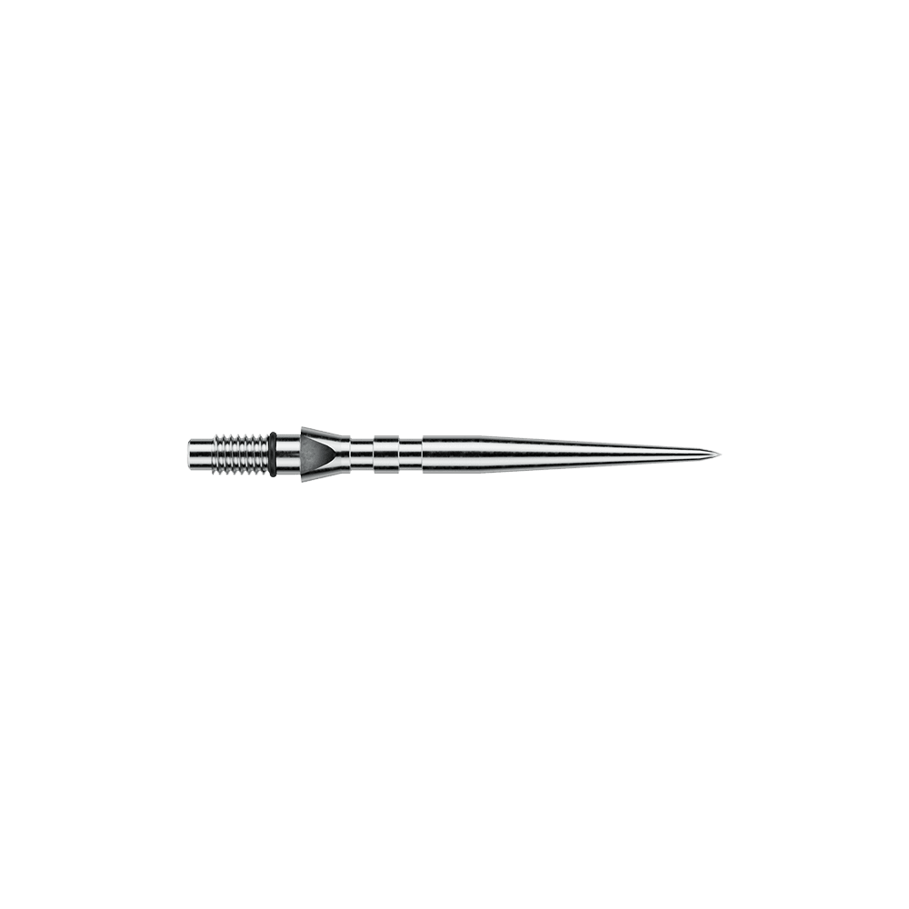 Puntas de dardos de acero Winmau Switch Point Groove - Efecto plateado Das Bild zeigt silberfarbene Steeldartspitzen mit Rillen, vermutlich 'Switch Point Groove Silver Effect' und 26mm lang. Die Spitzen sind für Steeldarts vorgesehen.