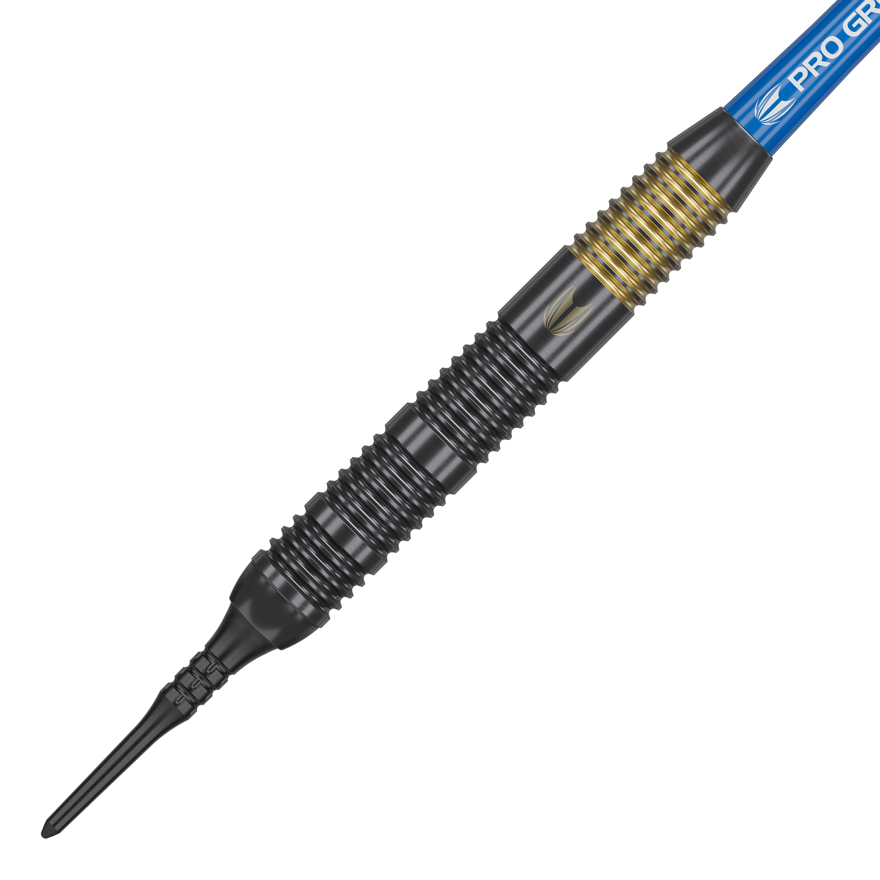Dardos blandos Target Josh Rock Brass - 18 g Das Bild zeigt einen Target Josh Rock Brass Softdart mit einem Gewicht von 18 Gramm. Der Dart hat einen schwarz-goldenen, gerillten Griff und eine blaue Flight-Halterung.