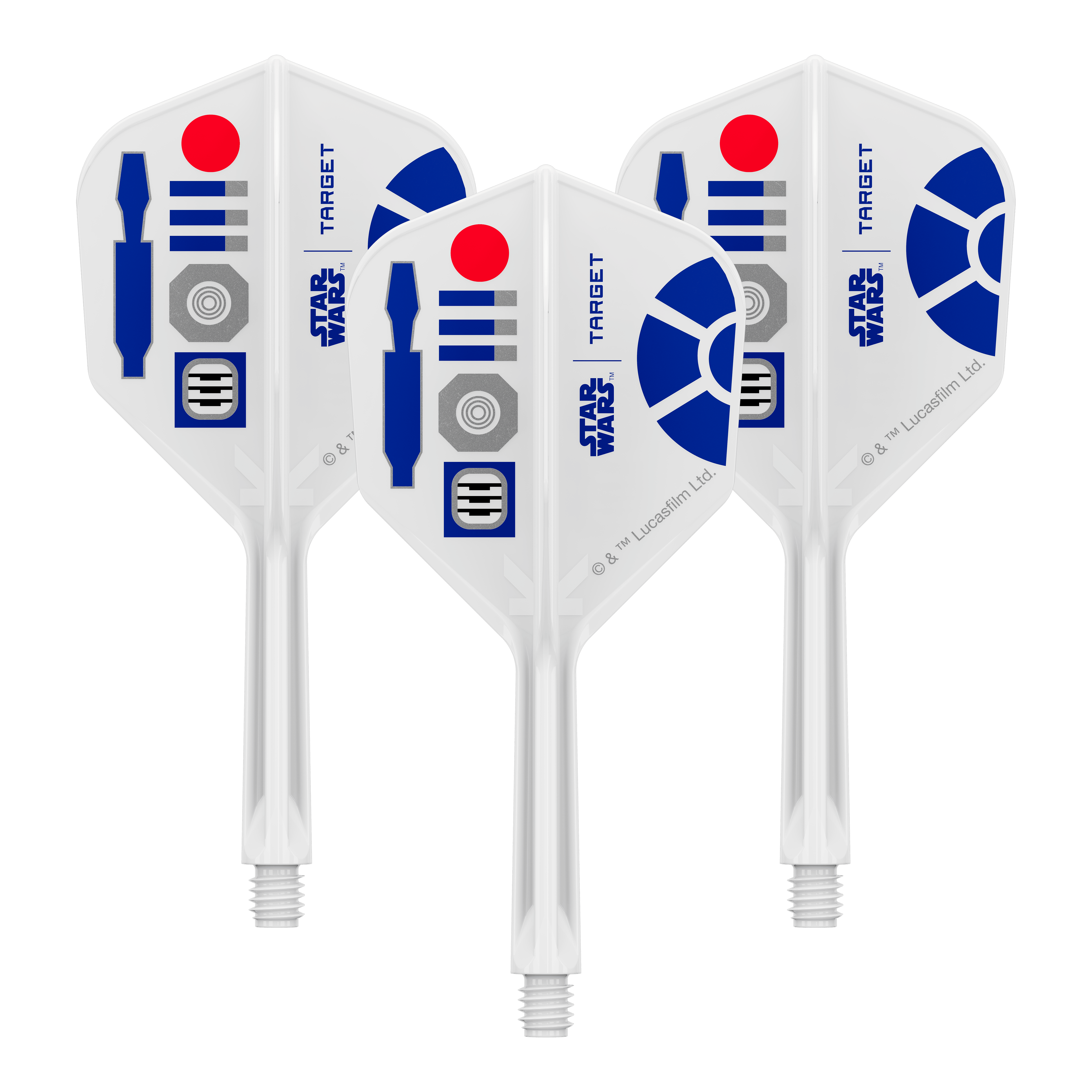 Vuelos Target Star Wars K-Flex R2D2 No6 Abgebildet ist ein Produkt mit dem Dateinamen 410511_Target_StarWars_KFlex_R2D2_No6_Flights_Intermediate_26mm_1Set. Es könnte sich um ein Set von Dart-Flights mit Star Wars Motiv handeln.