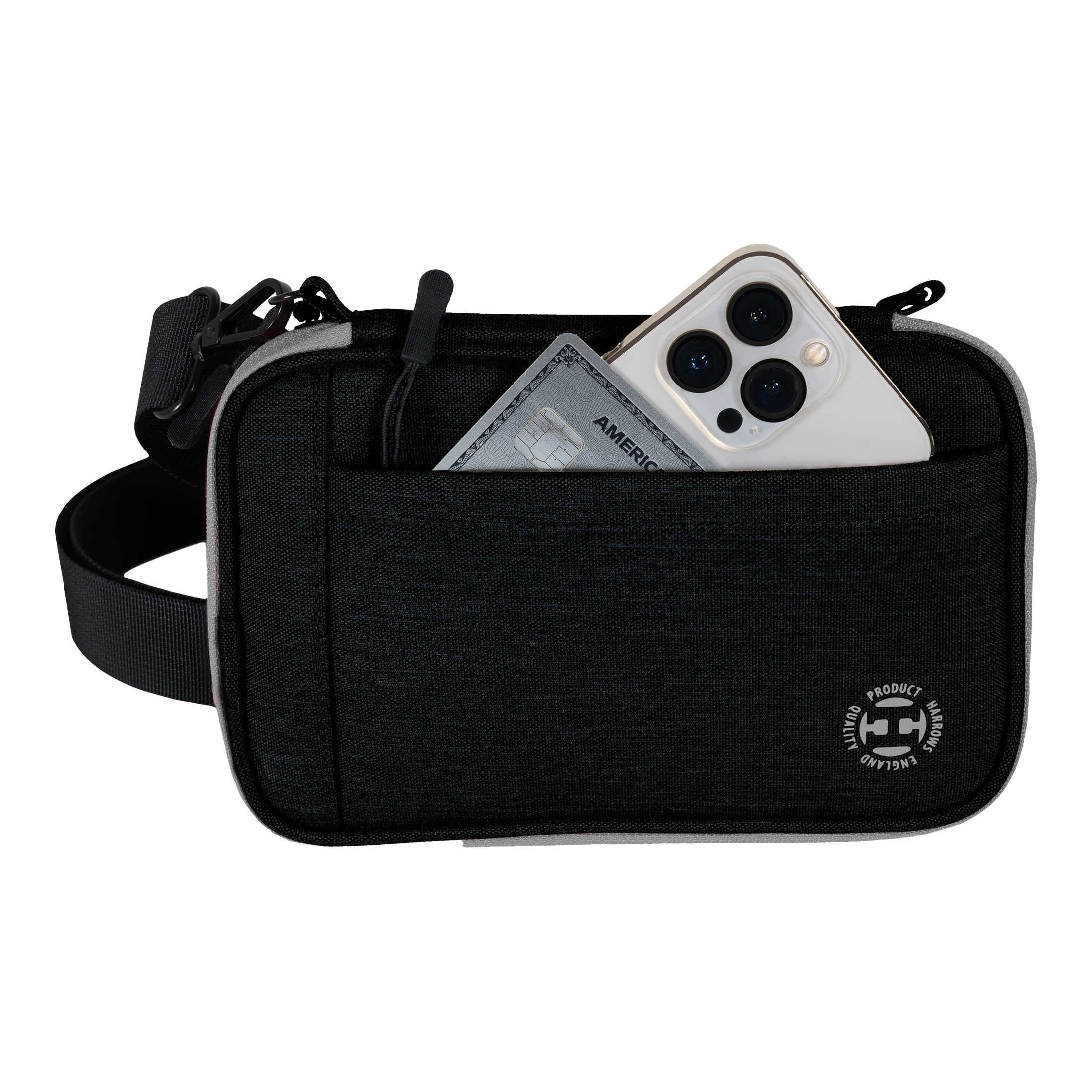 Cartera para dardos Harrows Smart Case XL Auf dem Bild ist eine schwarze Harrows Smart Case XL Darttasche zu sehen. In der vorderen Tasche stecken ein Smartphone und eine Kreditkarte.