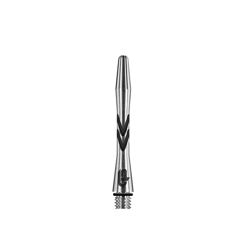 C648_Red_Dragon_Gerwyn_Price_V-Groove_Aluminium_Shafts_Black_36mm_1tqhsCSeZLo6e4 Das Bild zeigt einen Red Dragon Gerwyn Price V-Groove Black Aluminium Shaft mit einer Länge von 36 mm. Der Schaft ist silberfarben mit schwarzen V-förmigen Rillen.