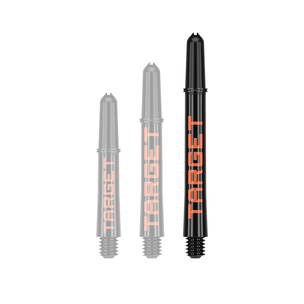 Varillas Target Pro Grip TAG - 3 juegos - Negro Naranja Das Bild zeigt drei schwarze Dartschäfte in verschiedenen Längen mit orangefarbener Schrift. Auf jedem Schaft steht das Wort "TARGET".