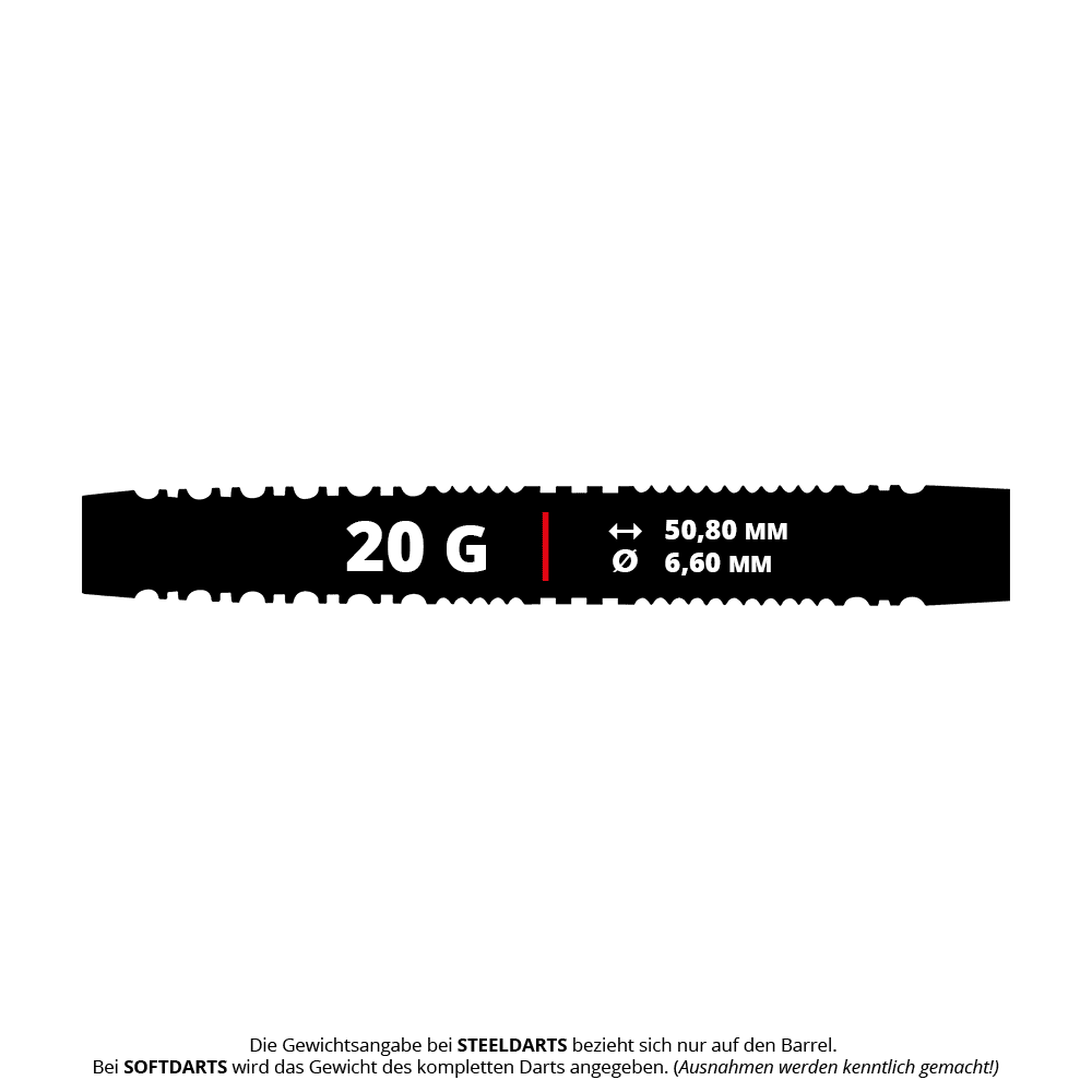 Dardos blandos Red Dragon Jonny Clayton Hiraeth - 20 g Das Bild zeigt die Produktangaben für die Red Dragon Jonny Clayton Hiraeth Softdarts mit einem Gewicht von 20 Gramm. Die Darts haben eine Länge von 50,80 mm und einen Durchmesser von 6,60 mm.