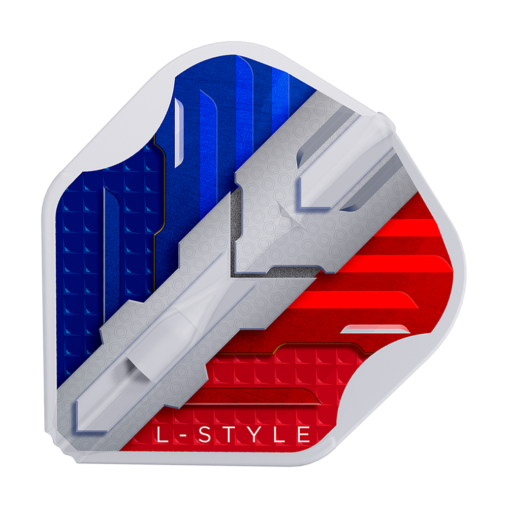 Vuelos L-Style V-Series V1 Tipo B Francia Blanco transparente L1EZ Das Bild zeigt ein Dartflight mit den Farben der französischen Flagge in Blau, Weiß und Rot. Unten steht der Schriftzug "L-STYLE".