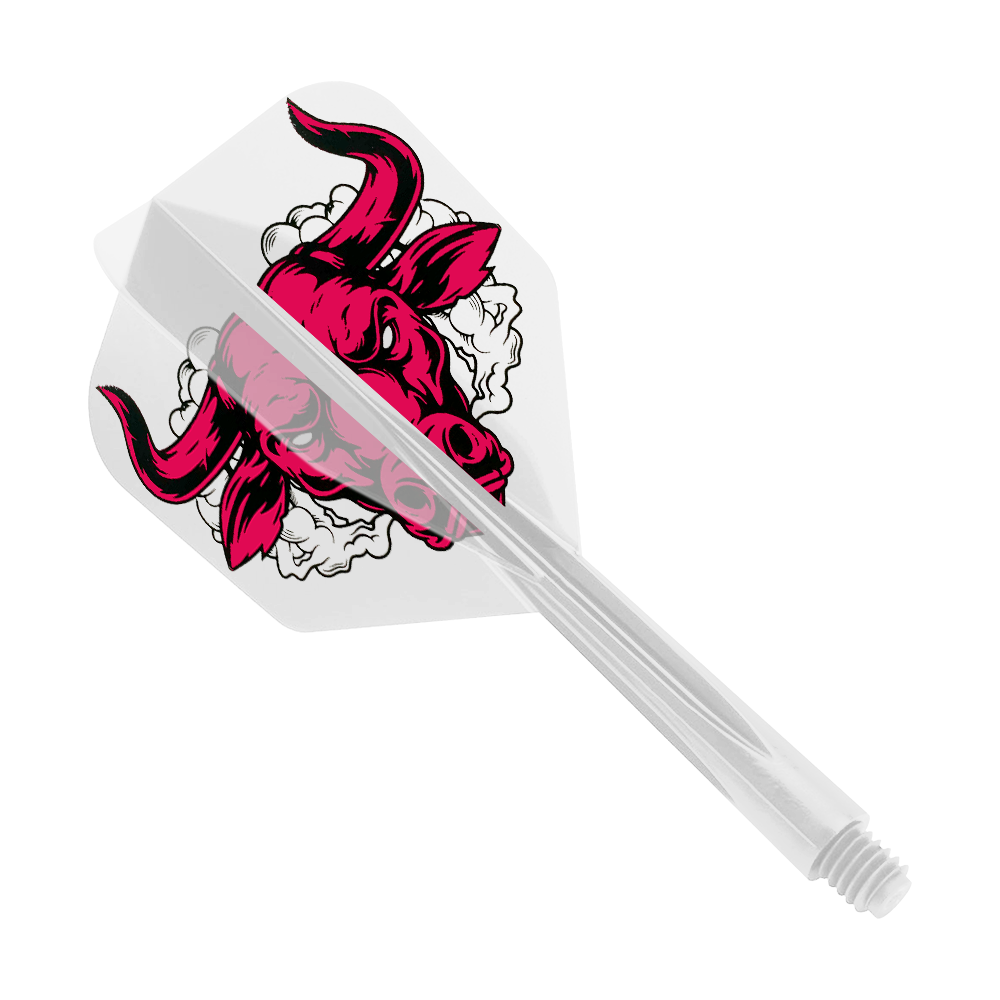 Condor Axe Aussie Bull Clear Sistema de vuelo pequeño Das Bild zeigt einen klaren Dart-Flight mit einem roten Stierkopf-Design. Es handelt sich um das Produkt „Condor Axe Aussie Bull Clear Flight-System Small“.