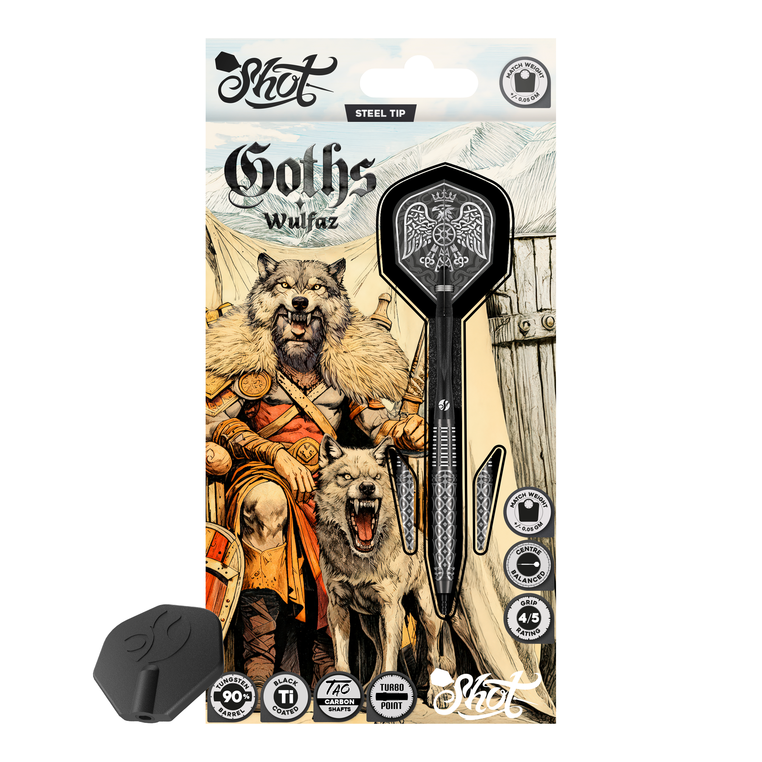 Dardos de acero Shot Goths Wulfaz Turbo Point - 23 g Das Bild zeigt die Shot Goths Wulfaz Turbo Point Steeldarts mit 23 Gramm. Diese Pfeile sind für das Steeldartspiel konzipiert.