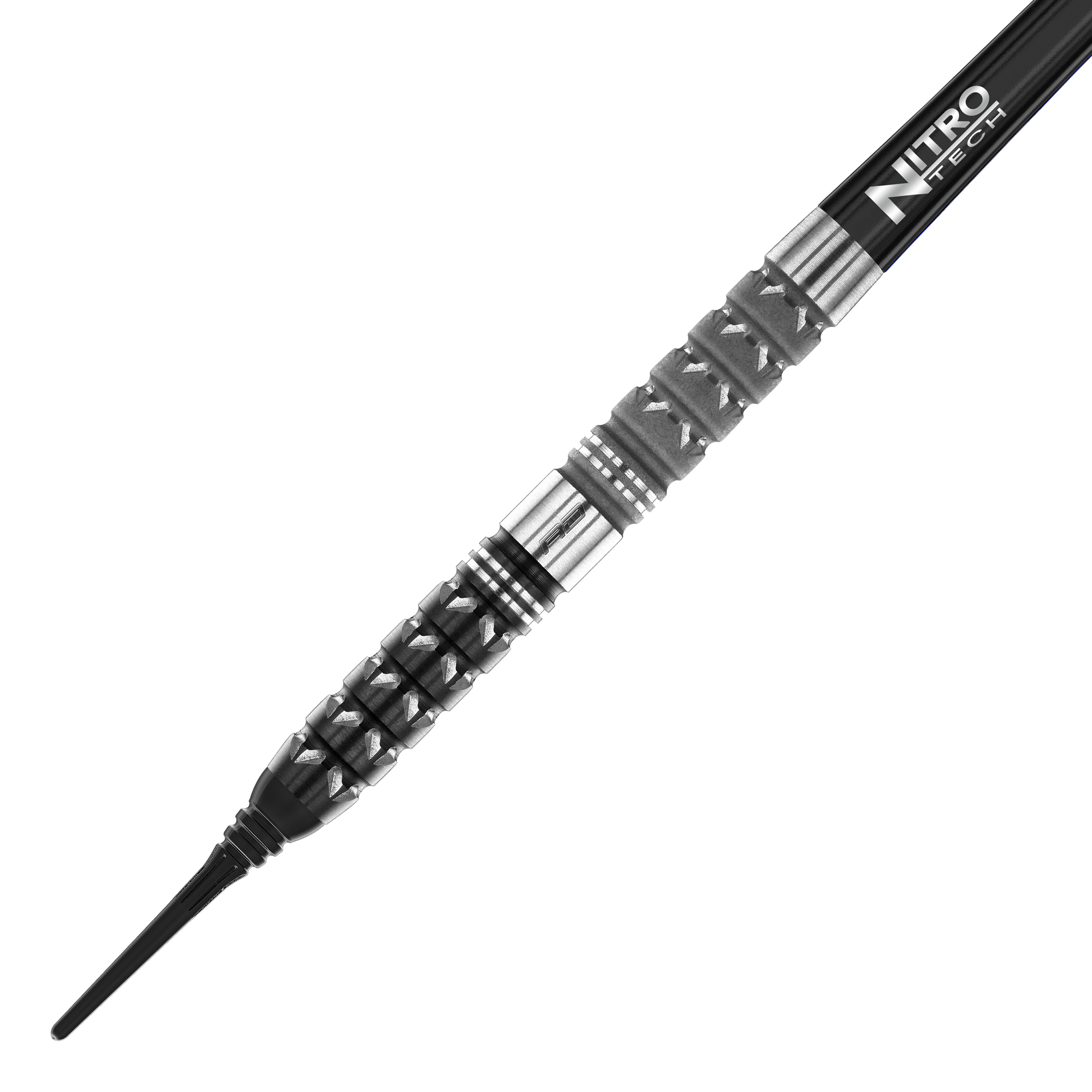 Dardos blandos cónicos Red Dragon Paradym - 20 g Das Bild zeigt den Red Dragon Paradym Tapered Softdart mit einem Gewicht von 20g. Der Dart hat ein markantes, silber-schwarzes Design mit spezieller Griffstruktur und der Aufschrift "Nitro Tech" am Schaft.