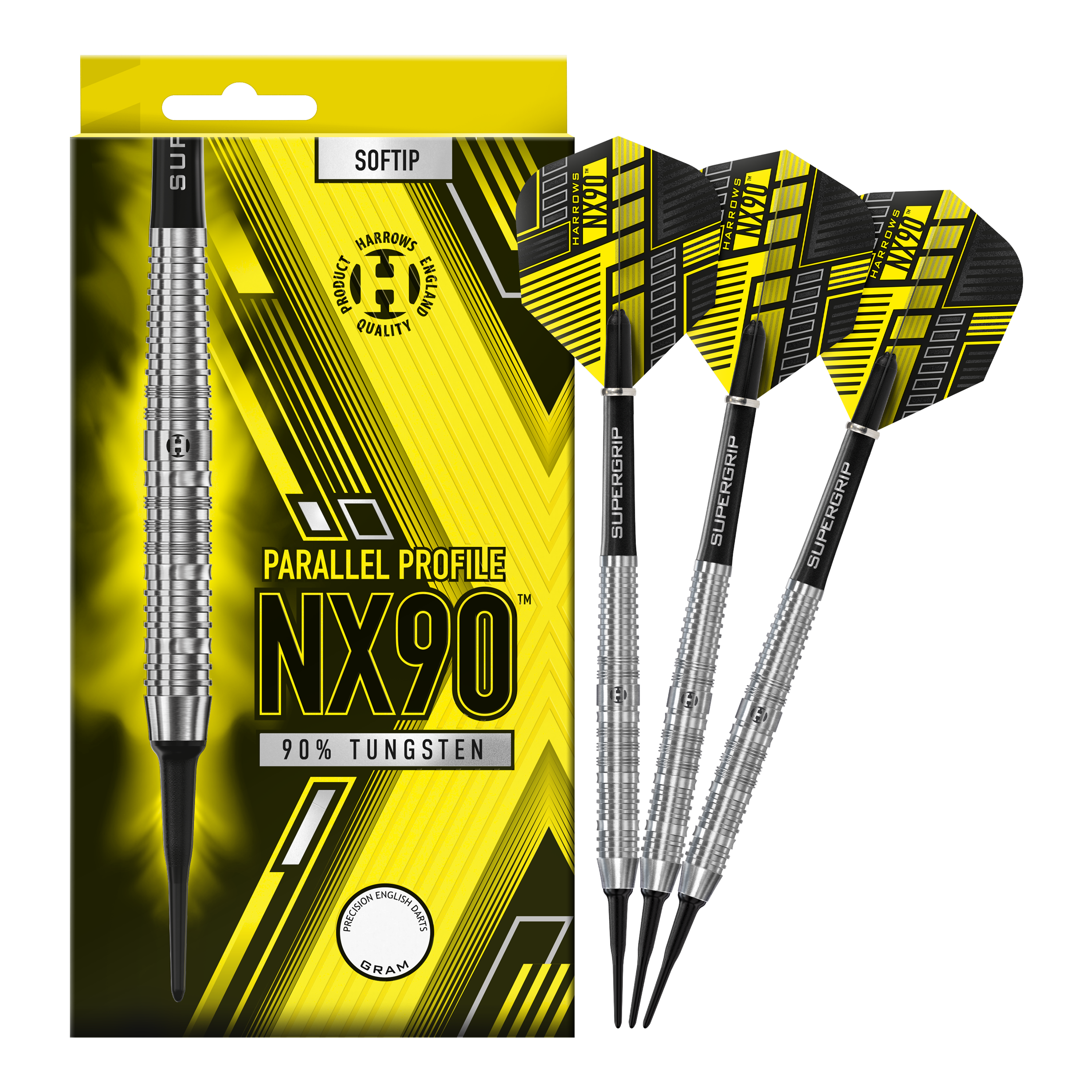 Dardos blandos paralelos Harrows NX90 Das Bild zeigt eine Packung der Harrows NX90 Parallel Softdarts mit gelb-schwarzem Design. Daneben liegen drei silberne Softdarts mit schwarzen und gelben Flights.