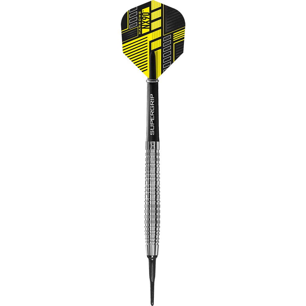 HA33768_Harrows_NX90_Softdarts_1 Das Bild zeigt einen Harrows NX90 Softdart mit einem modernen, schwarz-gelben Flight. Der Dart hat einen silbernen, geriffelten Schaft und eine schwarze Spitze.